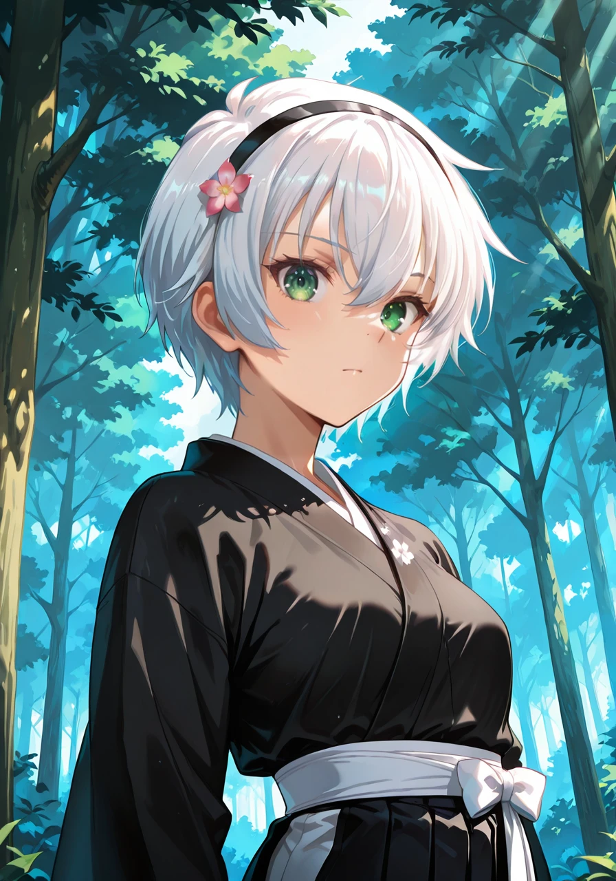 amazing quality,very aesthetic,illustration,absurdres,best quality,newest,masterpiece,4k resolution,
day,forest,
Shizuku_Kurogane,1girl,short hair,solo,hair between eyes,white hair,small_breasts,green eyes,flower,hair ornament,black hairband,
Shihakusho,black kosode,black hakama,black kimono,white sash,
cinematic_angle,upper_body,looking_at_viewer,
<lora:Characters_Rakudai_Kishi_no_Eiyuutan:1>,