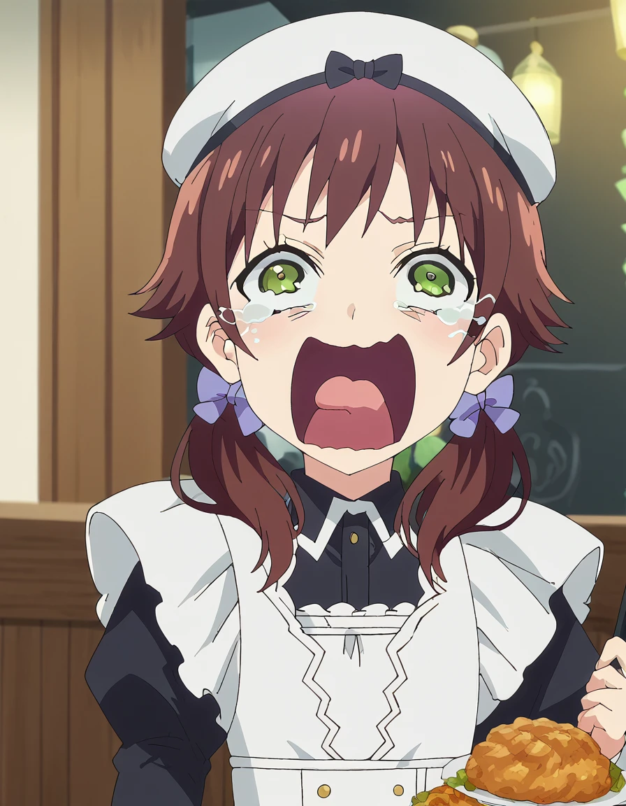 score_9, score_8_up, score_7_up, source_anime, <lora:seireigensouki-chloe-s2-ponyxl-lora-nochekaiser:1>, chloe, brown hair, twintails, green eyes, hair bow, anime screencap,, long sleeves, hat, apron, maid, restaurant, tables, food, waiters, guests, smile, <lora:crying-aqua-ponyxl-lora-nochekaiser:1> crying aqua, crying aqua (meme), screaming, crying, crying with eyes open, tears, tongue, open mouth,, looking at viewer, solo,, cowboy shot