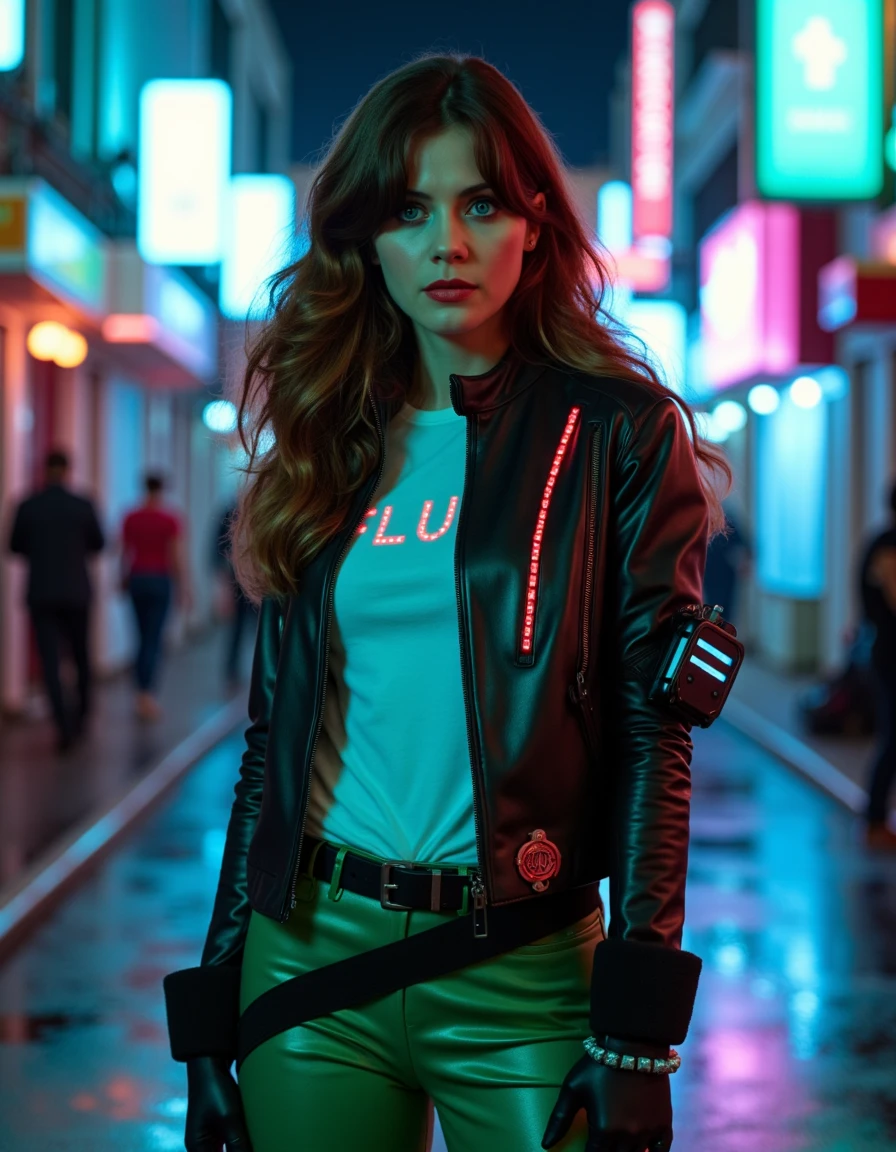 The photograph is a vibrant, high-resolution photograph set in a futuristic, neon-lit urban environment, possibly a cyberpunk city. The subject is <lora:ZooeyDeschanelFlux3c-000001:1> she has long, wavy brown hair styled in loose curls cascading over her shoulders and a light complexion. Her eyes are a striking light blue, accentuated with subtle makeup, including eyeliner and mascara wearing a striking futuristic cyberpunk outfit Her makeup is bold, featuring bright glowing electric blue lipstick and subtle, dark eyeliner. She has a confident, intense expression.
She is dressed in a futuristic black leather jacket with intricate, with a striking glowing neon red , high-gloss overlay, giving it a futuristic, high-tech look, paired with a white shirt , the shirt says âFLUXâ in bright glowing neon lettering, The shirt is tucked into her pants, She has a belt with LEDs on it. Her pants are emerald green leather, fitted and adorned with tactical gear, including a utility belt and various pouches. She also wears black gloves, adding to the tactical, cyberpunk aesthetic Her jacket and pants have glowing blue neon wires on them lighting up the accents of her jacket and pants. On her right arm she has a small cellphone attached that has several neon LEDs on it.
The background is a vibrant, neon-lit alleyway with blurred, dimly lit figures in the distance, hinting at a bustling, possibly criminal underworld. Neon lights in shades of blue, pink, and red create a surreal, glowing ambiance, casting an eerie yet alluring atmosphere. The ground appears wet, indicating recent rain or a recent downpour, adding to the gritty, urban setting.
High Detail, Perfect Composition, dramatic lighting, high contrast Fujifilm XT3, F/8, photo-realistic face.