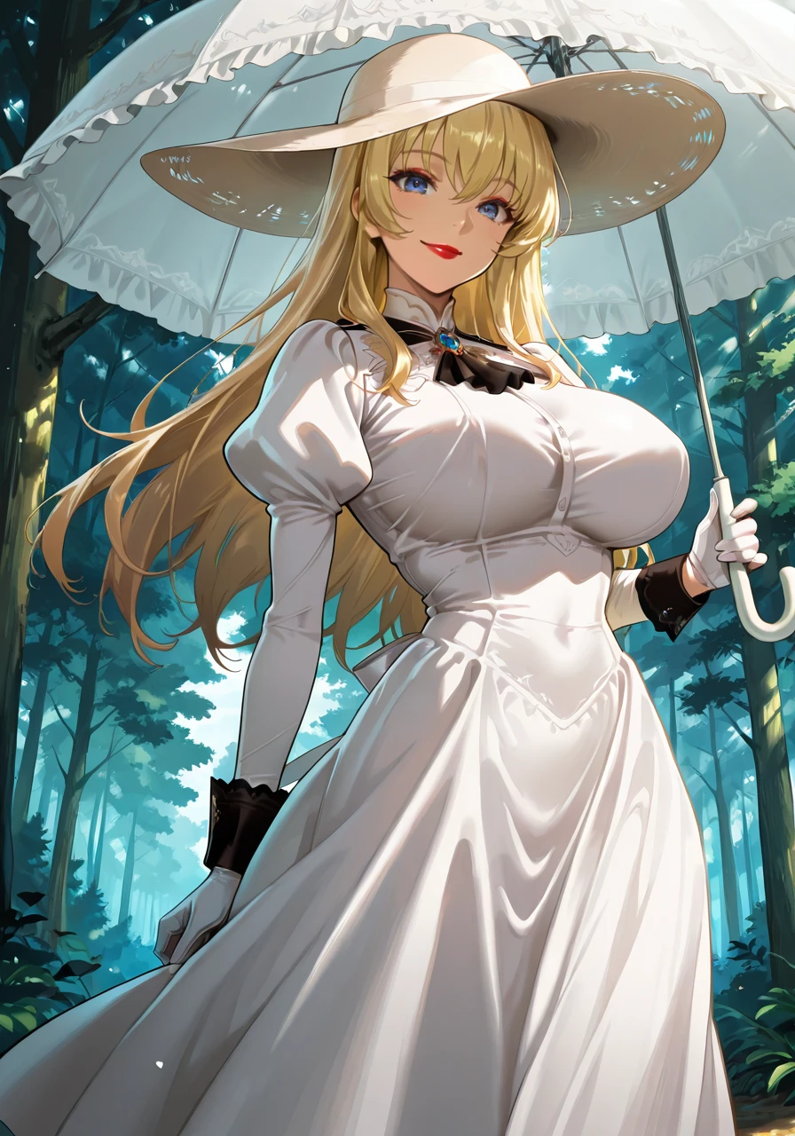 amazing quality,very aesthetic,illustration,absurdres,best quality,newest,masterpiece,4k resolution,
day,forest,
Kanata Totokubara,1girl,solo,blonde hair,blue eyes,long hair,big breasts,straight_hair,hair down,
dress,gloves,hat,long_sleeves,white dress,sun hat,Red Lipstick,juliet sleeves,long dress,brooch,puffy sleeves,jewelry,white gloves,
holding_umbrella,smile,
cinematic_angle,looking_at_viewer,
<lora:Characters_Rakudai_Kishi_no_Eiyuutan:1>,