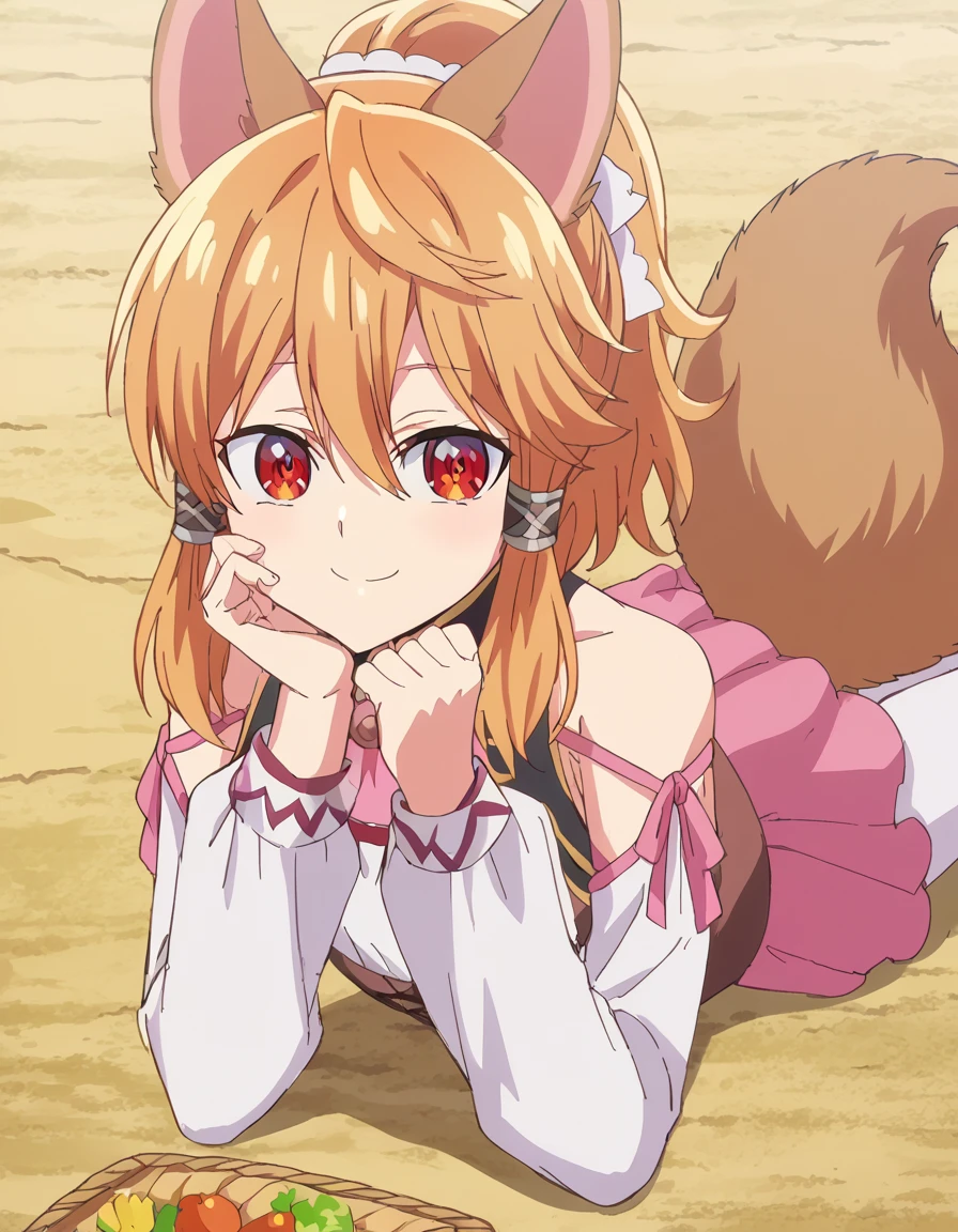 score_9, score_8_up, score_7_up, source_anime, <lora:seireigensouki-latifa-s2-ponyxl-lora-nochekaiser:1>, latifa, bangs, animal ears, hair between eyes, tail, red eyes, ponytail, orange hair, animal ear fluff, fox ears, fox tail, hair tubes, fox girl, anime screencap,, skirt, shirt, long sleeves, bow, bare shoulders, pantyhose, detached sleeves, pink skirt, white pantyhose, farmers market, fresh produce, local vendors, baskets, sunny day, community, smile, <lora:the-pose-ponyxl-lora-nochekaiser:1>, the pose, on stomach, feet up, lying, soles, feet, legs up, head rest, barefoot, looking at viewer, solo,, cowboy shot