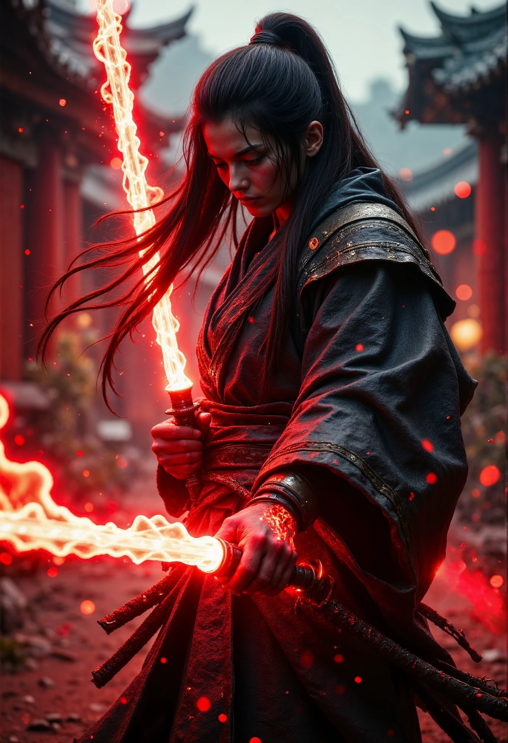R3alisticF, samurai girl wearing a kimono with shoulder armor, she's holding a katana glowing with red energy, her long hair is flowing in the wind, she stands in a dojo training for her next battle. (maximum ultra high definition image quality and rendering:3), maximum image detail, maximum realistic render, (((ultra realist style))), realist side lighting, , 8K high definition, realist soft lighting, <lora:FluxMythR3alisticF:1>