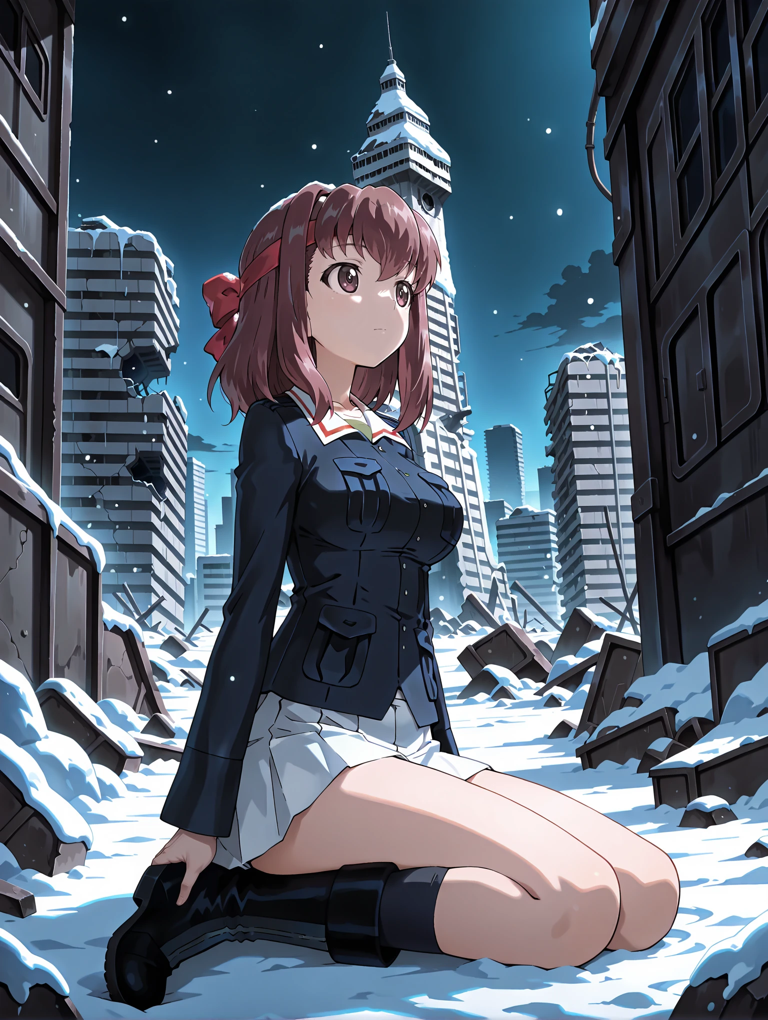 masterpiece,best quality,amazing quality,solo,1girl,
<lora:k_taeko_ilxl_v1.1:1>,taeko,p_gs,jacket,long sleeves,ooarai military uniform,white pleated skirt,black socks,boots,
<lora:Fixhands_anime_bdsqlsz_V1:1>,city,expressionless,night,snow,ice,portrait,looking_up,rubble_ruins,tower,looking ahead,panorama,