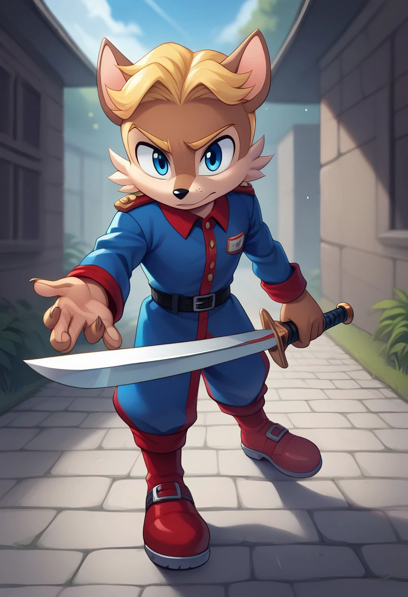 score_9, score_8_up, score_7_up, (best quality:1.1), ultra-detailed, high resolution, 8k, Antoine, furry, 1boy, brown fur, blonde hair, blue eyes, blue and red jacket, red boots, 5 fingers, holding sword, sword, BREAK outside, Rich, Detailed background, ambient light