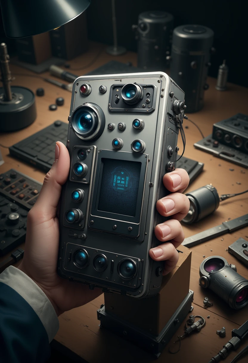 YFG-SpyWorld50s The image shows a close-up of a person's hand holding a futuristic-looking device. The device appears to be made of metal and has a metallic sheen. The body of the device is rectangular in shape and has multiple circular buttons and knobs on the top and sides. The buttons are arranged in a grid-like pattern. The knobs are blue and appear to be connected to the device. On the right side of the image, there is a small circular object that looks like a camera lens. In the background, there are various tools and equipment scattered on a wooden table. A lamp is visible on the left side of image. The overall mood of the scene is dark and mysterious.