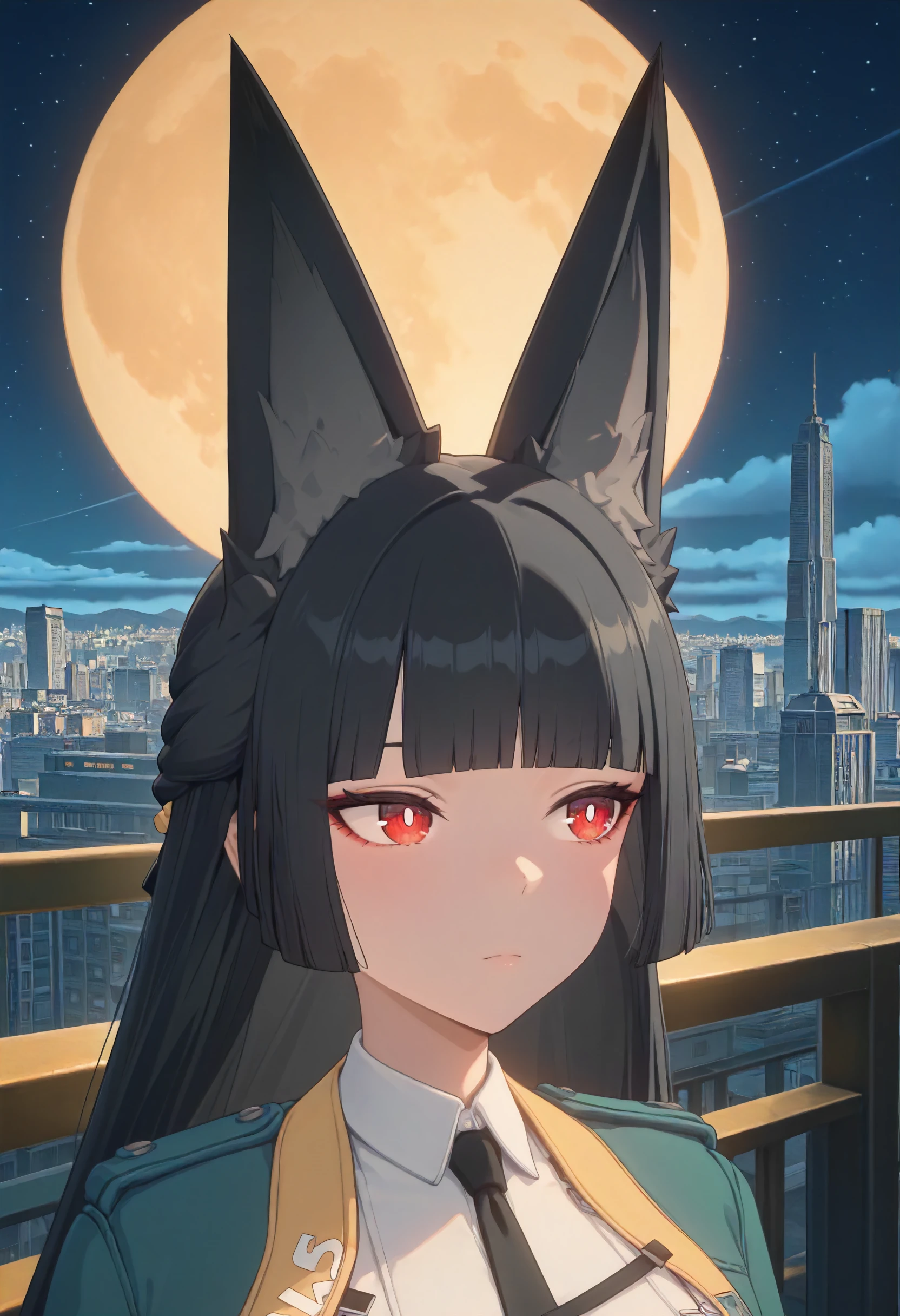 masterpiece, best quality, amazing quality, very aesthetic, absurdres, newest, scenery, volumetric lighting, perfect eyes, ultra detailed,
1girl, Hoshimi Miyabi, solo, black fox ears, black hair, blunt bangs, long hair, red eyes, white pupils, beautiful colors, colors, colors, colors,
green cape jacket, white shirt, black tie,
looking away, beautiful face, face closeup, closeup, portrait,
city, night sky, beautiful frame, backlighting,
<lora:Hoshimi_Miyabi_-_Zenless_Zone_Zero_ZZZ__Illustrious:1>
masterpiece, best quality, amazing quality, very aesthetic, absurdres, newest, scenery, volumetric lighting, perfect eyes, ultra detailed,