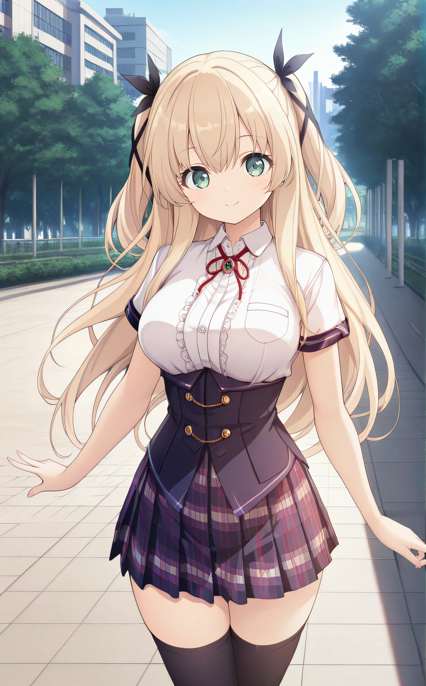 masterpiece, best quality, highres, scenery, newest, 1girl, official style, <lora:Mikuriya_Ren:1>, ren, blonde hair, green eyes, two side up, hair_ribbon, school uniform, white shirt, short sleeves, corset, plaid skirt, black thighhighs, five fingers, looking at viewer, smile, outdoor, cowboy shot, frontal view