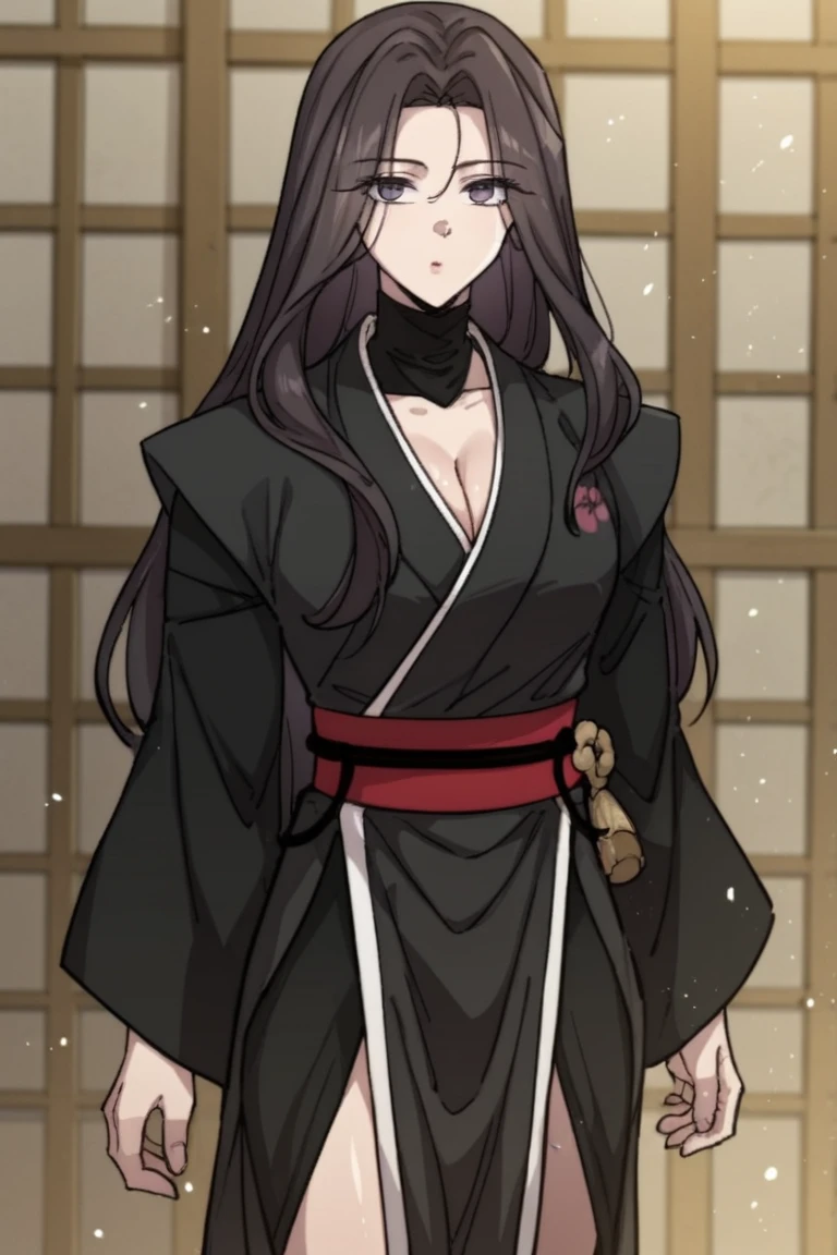score_9, score_8_up, score_7_up, score_6_up, source_anime, rating_explicit, shiny skin,light particles,mature female, 1girl, slim body, slim legs, solo, cleavage, medeuim breast
long hair, black hair, purple eyes, long sleeves, japanese clothes, kimono, red sash, black kimono