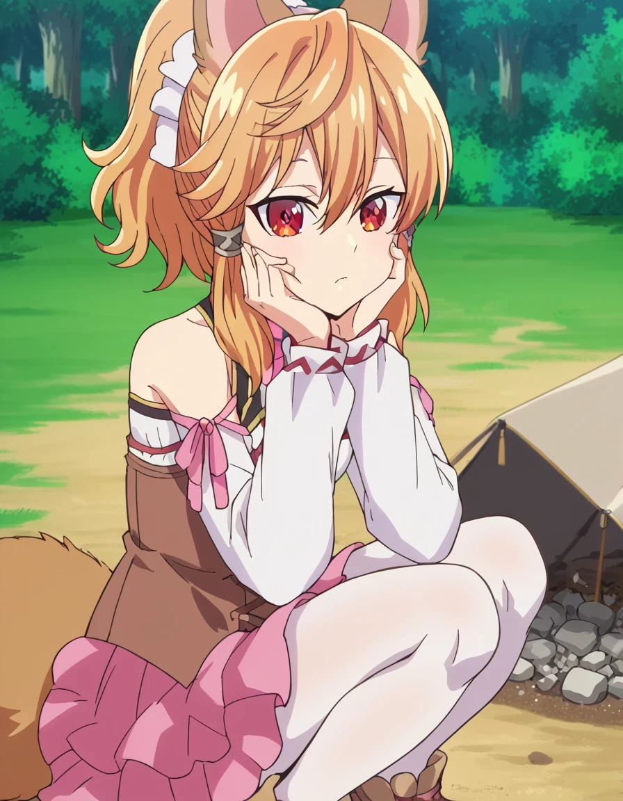 score_9, score_8_up, score_7_up, source_anime, <lora:seireigensouki-latifa-s2-ponyxl-lora-nochekaiser:1>, latifa, bangs, animal ears, hair between eyes, tail, red eyes, ponytail, orange hair, animal ear fluff, fox ears, fox tail, hair tubes, fox girl, anime screencap,, skirt, shirt, long sleeves, bow, bare shoulders, pantyhose, detached sleeves, pink skirt, white pantyhose, camping, bonfire, tent, stargazing, marshmallows, forest clearing, night, , <lora:giantess-ponyxl-lora-nochekaiser:1> giantess, giant, city, building, outdoors, destruction, sitting, squatting, hands on own cheeks,, looking at viewer, solo,, cowboy shot