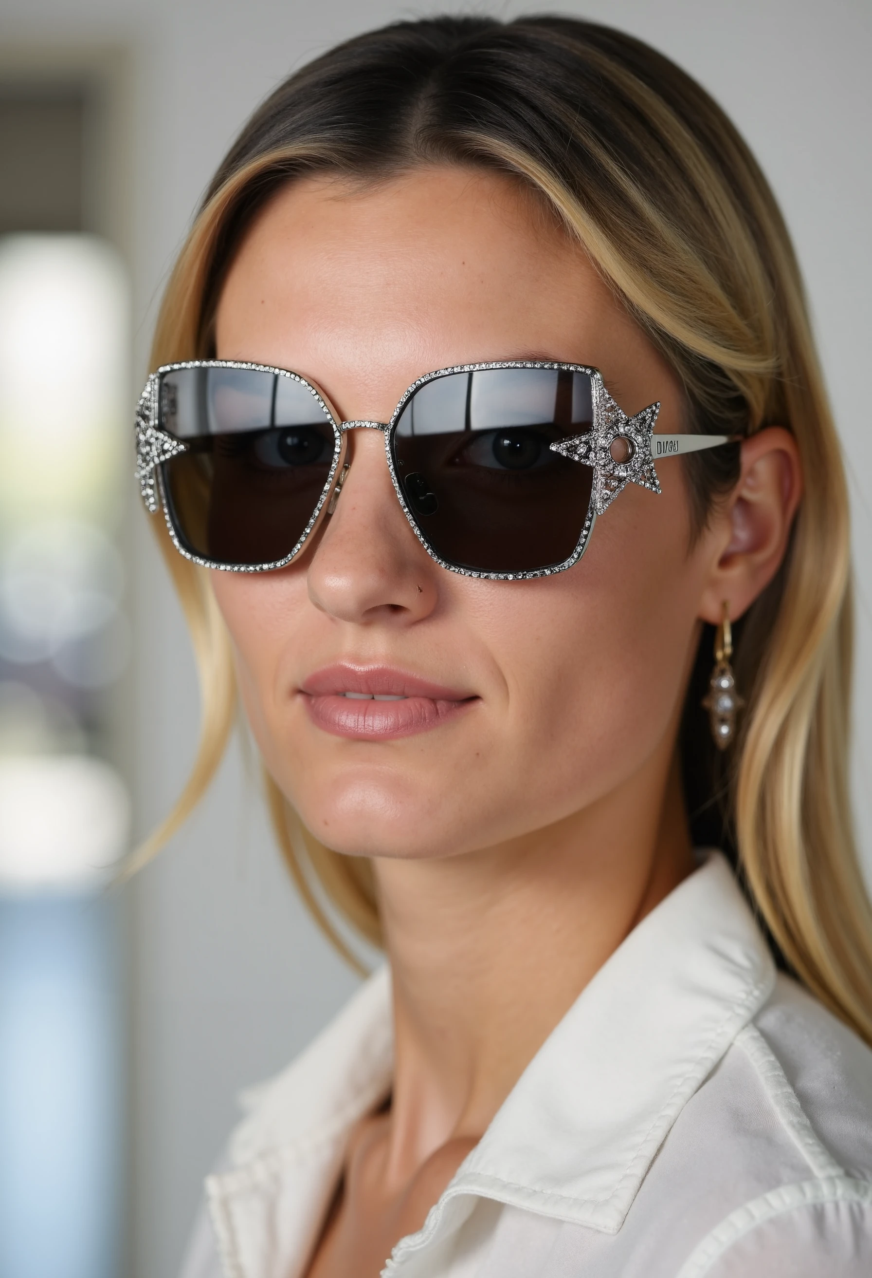 clo035, head shot of a beautiful woman, wearing a Christian Dior sunglasses with a metal frame and black lenses. The sunglasses have a star-shaped design. white shirt, blonde hair, looking in the camera, smiling, in a fashion store