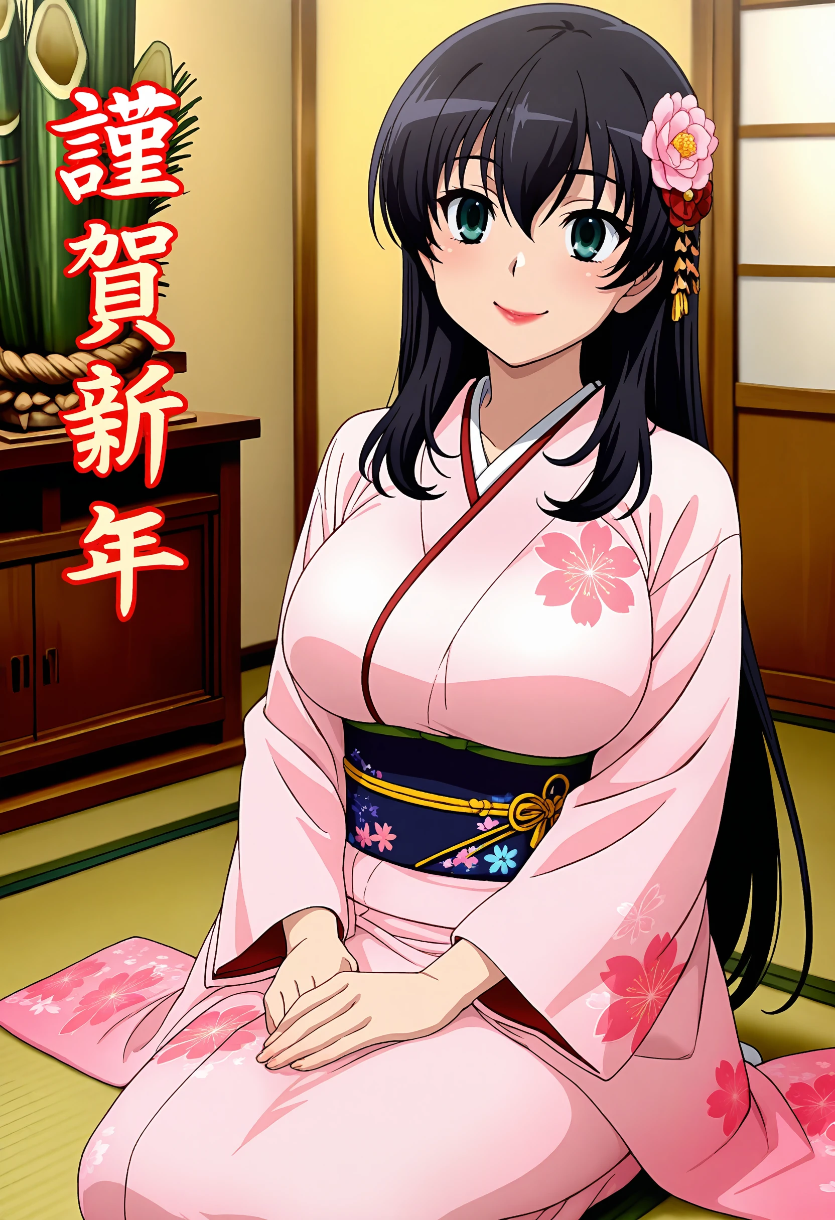 best quality, masterpiece, anime_screencap, hi res, best_quality, very aesthetic, absurdres, 8k, twyk, 1girl,solo, female_focus,
glamorous, slender, voluptuous,
large breasts,
lipstick,makeup, 
smile,happy, 
cowboy_shot,
seiza, sitting on zabuton, kimono,obi,obijime, japanese_clothes, long_sleeves, nengajou, kadomatsu, kagami_mochi, tatami,
indoors, happy new year, new_year, print kimono, hair flower,2025