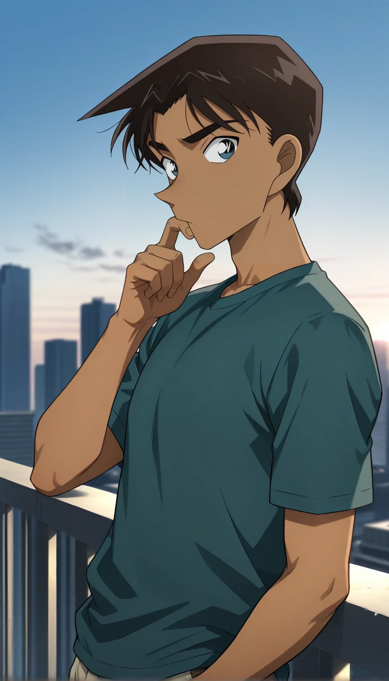 masterpiece,best quality,amazing quality,very aesthetic,high resolution,ultra-detailed,absurdres,newest,scenery,volumetric lighting,depth of field,
1boy,solo,male focus,<lora:Heiji_Hattori_-_Detective_Conan:1>,heijihattori,dark skin,blue eyes,dark brown hair,short hair,looking_at_viewer,t-shirt,pectorals,thinking,finger_to_mouth,outdoors,cityscape,sky,bluesky,sunlight,