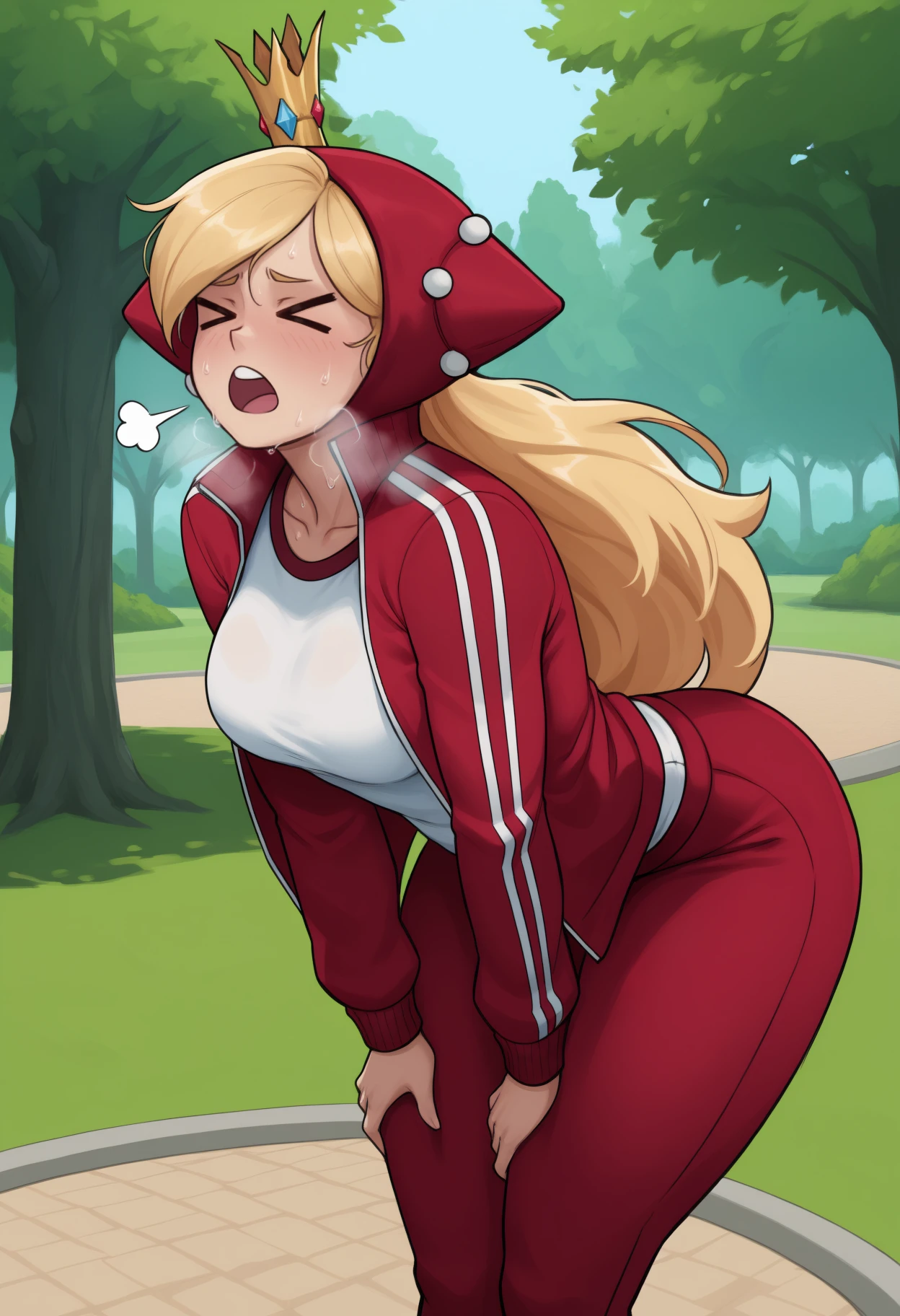 masterpiece, best quality, solo, 1girl, wap3ach, sweat, standing, heavy breathing, puff of air, leaning forward, hands on own thighs, long hair, blonde hair, hood up, mini crown, > <, track suit, red jacket, track jacket, open jacket, long sleeves, white shirt, gym shirt, red pants, outdoors, day, park, tree
<segment:yolo-Anzhc Face seg 640 v2 y8n.pt,0.4,0.5>
