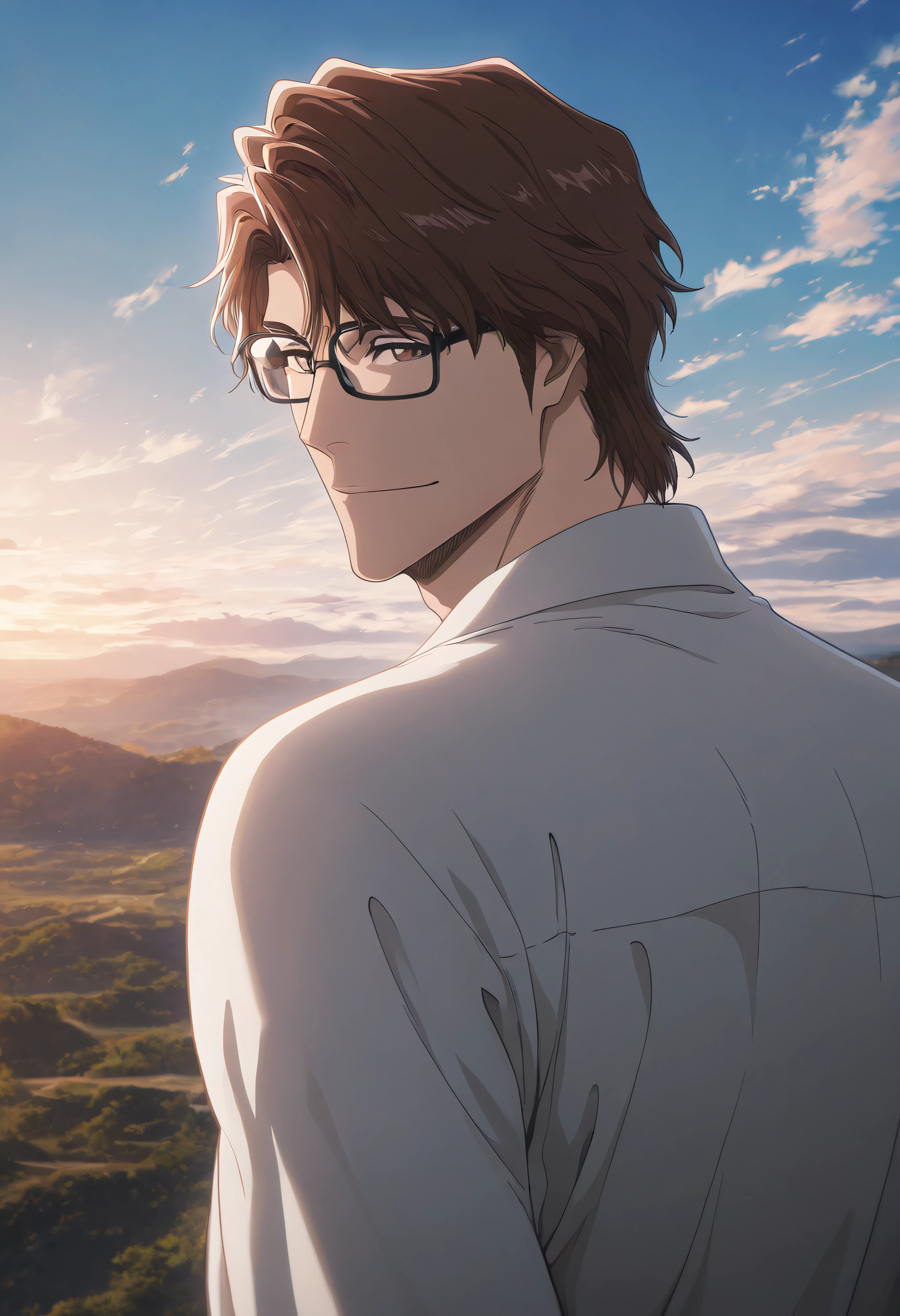 masterpiece, best quality, amazing quality, very aesthetic, absurdres, newest, (scenery, volumetric lighting),
aizen sousuke, solo, looking at viewer, smile, brown hair, shirt, 1boy, brown eyes, closed mouth, white shirt, vslinxaizen_ss, upper body, male focus, outdoors, sky, glasses, day, looking back, cloud, blue sky, black-framed eyewear, anime
masterpiece, best quality, amazing quality, very aesthetic, absurdres, newest, (scenery, volumetric lighting)