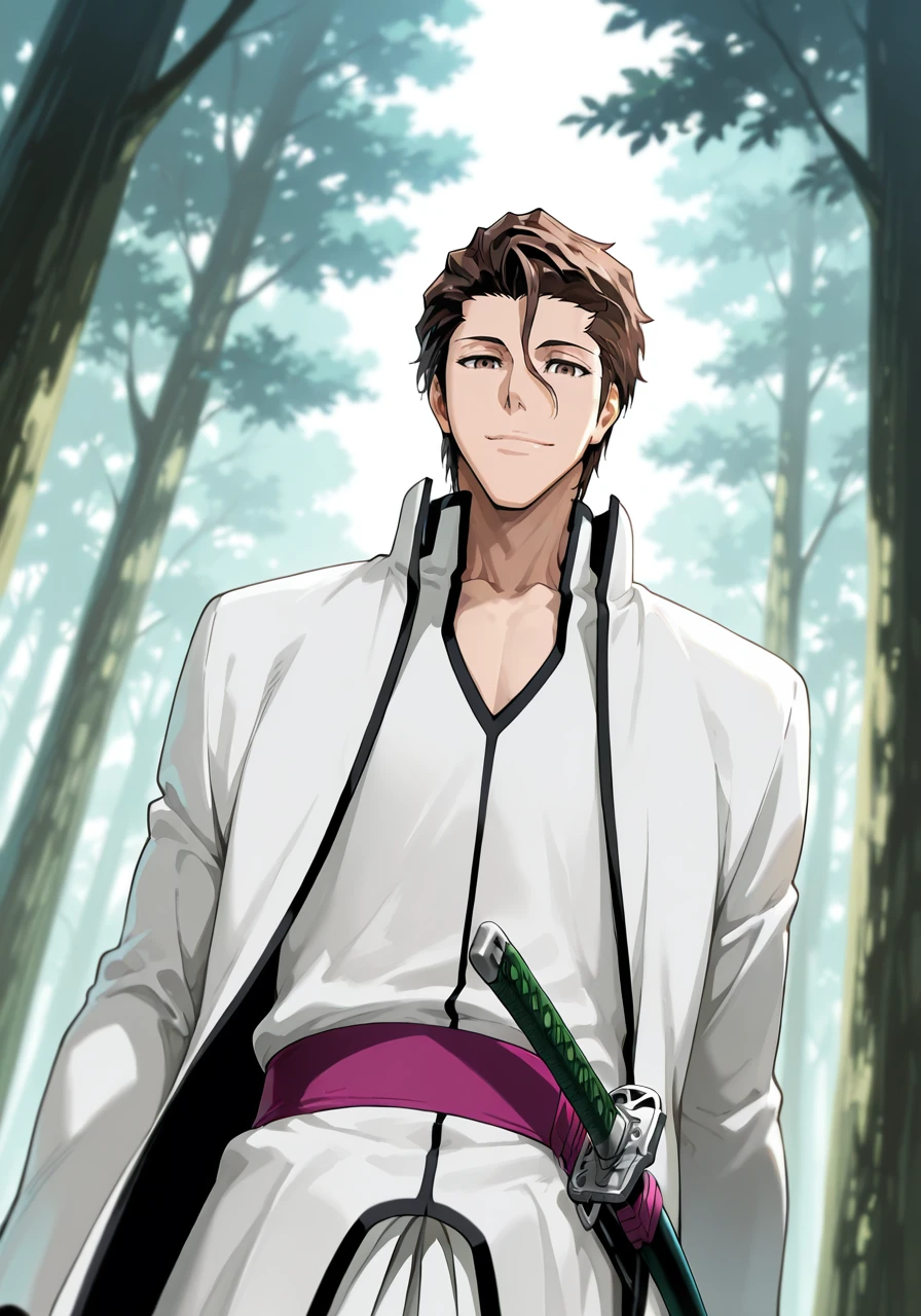 amazing quality,very aesthetic,illustration,absurdres,best quality,newest,masterpiece,4k resolution,
forest,
male focus,aizen_sousuke_arrancar,1boy,solo,brown hair,brown eyes,
arrancar clothes,
smile,katana,scabbard,green hilt,
cinematic_angle,upper_body,looking_at_viewer,
<lora:Aizen_Sousuke_Illustrious:0.8>,