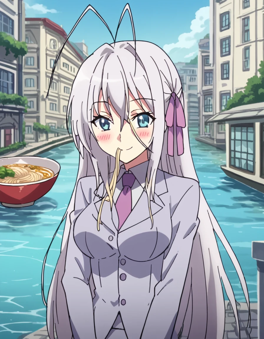 score_9, score_8_up, score_7_up, source_anime, <lora:rossweisse-s3-ponyxl-lora-nochekaiser:1>, rossweisse, long hair, blue eyes, large breasts, ribbon, very long hair, hair ribbon, grey hair, antenna hair, anime screencap,, necktie, pants, formal, suit, canal, water, boats, city, narrow, smile, <lora:ai-drawing-anime-characters-eating-ramen-ponyxl-lora-nochekaiser:1> ai drawing anime characters eating ramen, ai drawing anime characters eating ramen (meme), ramen, noodles, meme, bowl, eating, restaurant, blush, cowboy shot,, looking at viewer, solo,, cowboy shot
