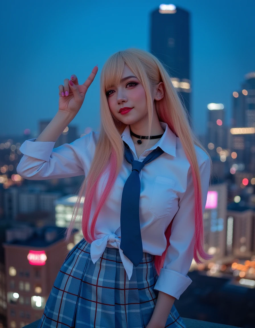 Ultrarealistic Photography, Mar1n_K1tagawa , cosplay, long hair, blonde hair, red eyes, piercing, earrings, ear piercing, stud earrings, black choker, loose necktie, school uniform, white collared shirt, pleated skirt, plaid skirt, bead bracelet, wrist scrunchie, long fingernails, peace hand sign , during the nigth, she is in a roof skyscrapers in the background, neon ligths blue and pink colors <lora:marin-kitagawa:1>