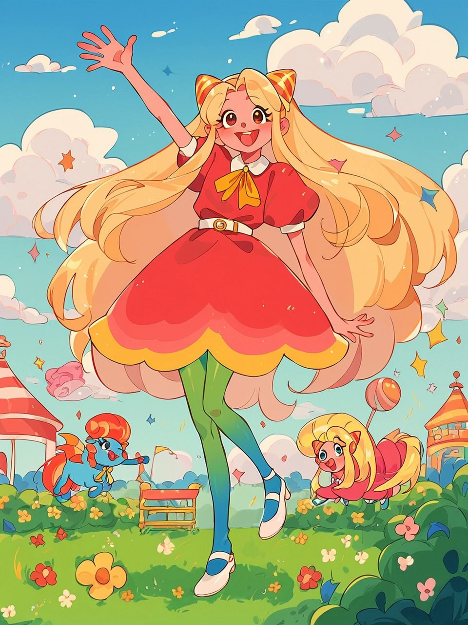 score_9, score_8_up, score_7_up, (eum:1.1), <lora:Julie_Joyful_Welcome_Home:1>, fullbody, whwjulie, blonde hair, very long hair, headwear, horns, colored skin, red dress, yellow ribbon, puffy sleeves, looking at viewer, winking, waving, belt, pantyhose, white shoes, mary janes, dynamic pose, playground, colorful toys, flowers, smiling, hands on back, leaning to the side, sky, clouds, sunny day, golden hour, magestic details