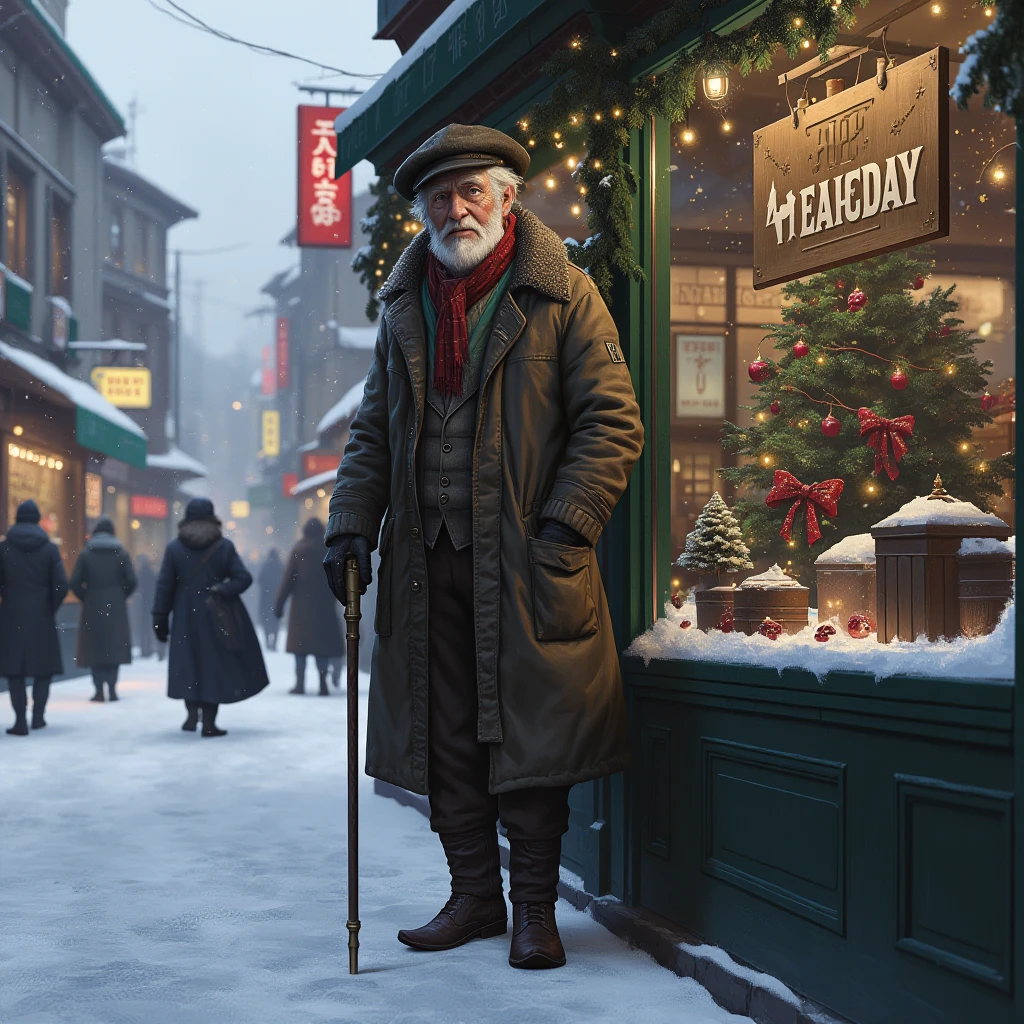 artwork in sr artstyle, an old man dressed in a winter coat and a hat holding a walking stick and standing in front of a shop window with christmas lights in a snowed in busy city street during the winter.