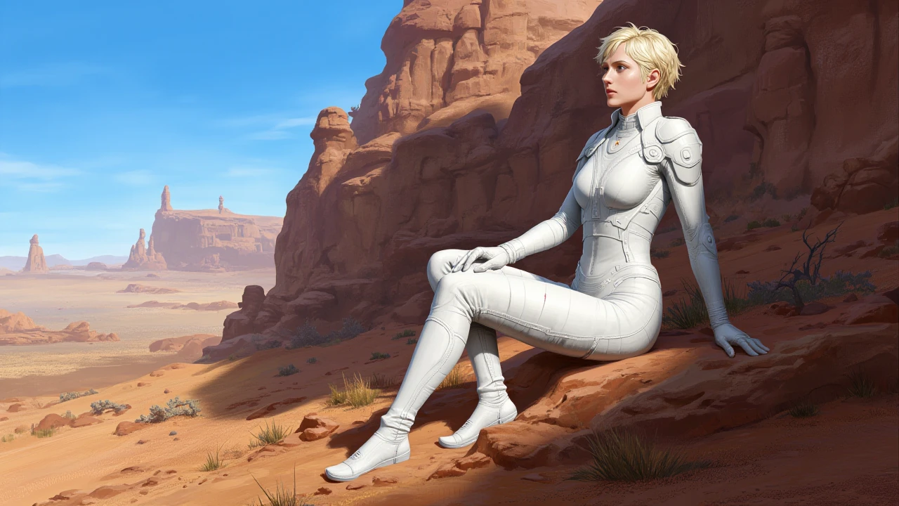 artwork in sr artstyle, a blonde woman sitting on a rock in a vast desert landscape. She is wearing a sleek, form-fitting white bodysuit with matching gloves. She has a short hairstyle as she gazes into the distance. The background showcases rocky formations, and a blue sky.