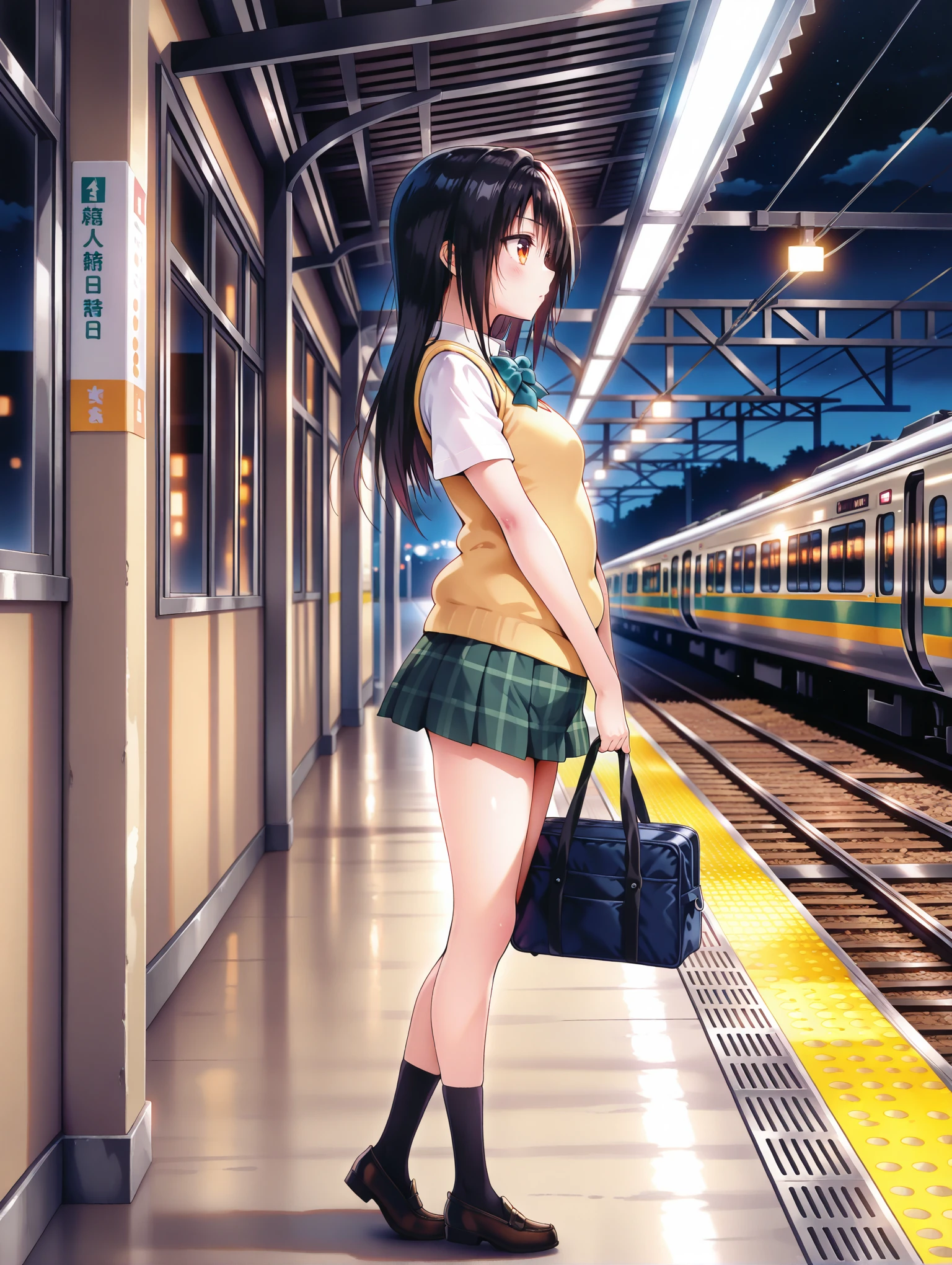 masterpiece,best quality,amazing quality,solo,1girl,
<lora:k_yui_ilxl_v1.1>,yui,black hair,long hair,orange eyes,y_clothes,short sleeve blouse,school uniform,sweater vest,green plaid skirt,black socks,loafers,
<lora:Fixhands_anime_bdsqlsz_V1:1>,full body,night,train station,profile,looking_away,school_bag,holding_bag,