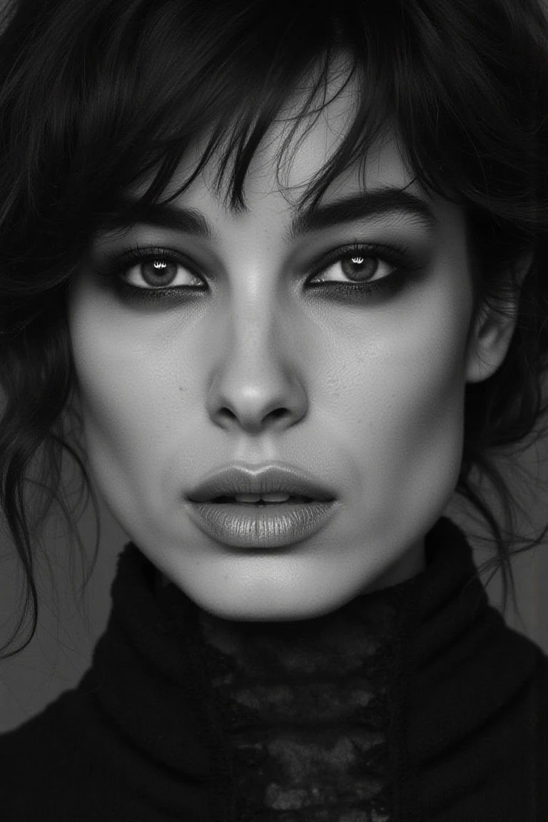 black and white portrait inspired by Peter Lindbergh's photographic style of bereflx, a woman looking directly into the camera with an intimate and deep expression.