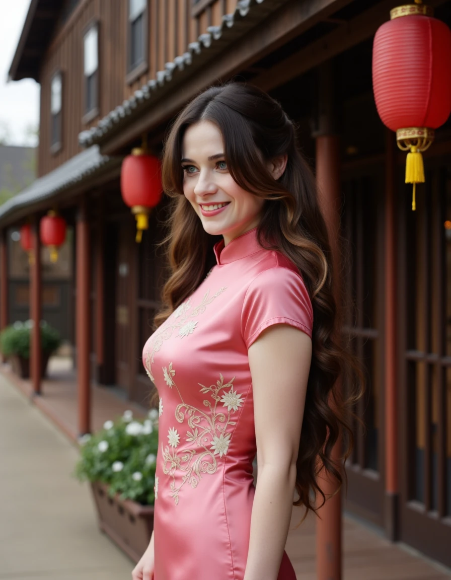 8k hdr. <lora:ZooeyDeschanelFlux3c-000001:1> she has long, wavy brown hair styled in loose curls cascading over her shoulders and a light complexion. a full body photo She is wearing a Cheongsam made of pink silk with elaborate flower design on it. She is standing in a seductive pose with a sly smile outside an old west tavern that has asian influences on it. She is looking to the left.