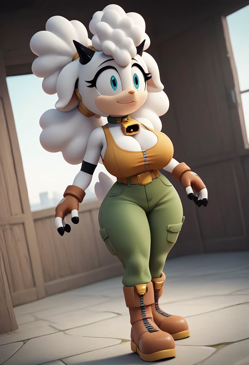 score_9, score_8_up, score_7_up, (best quality:1.1), ultra-detailed, high resolution, 8k, Lanolin the Sheep, white skin, white Afro hair, blue eyes, black horns, cowbell choker, black nails, orange tank top, :|, brown belt, brown pants, brown boots, indoors, ((big breasts, voluptuous, thick thighs, skinny, curvy, busty, high quality, masterpiece, wide hips)), (((dutch angle, sexy tease, sexy pose, stylish pose))) BREAK outside, Rich, Detailed background, ambient light