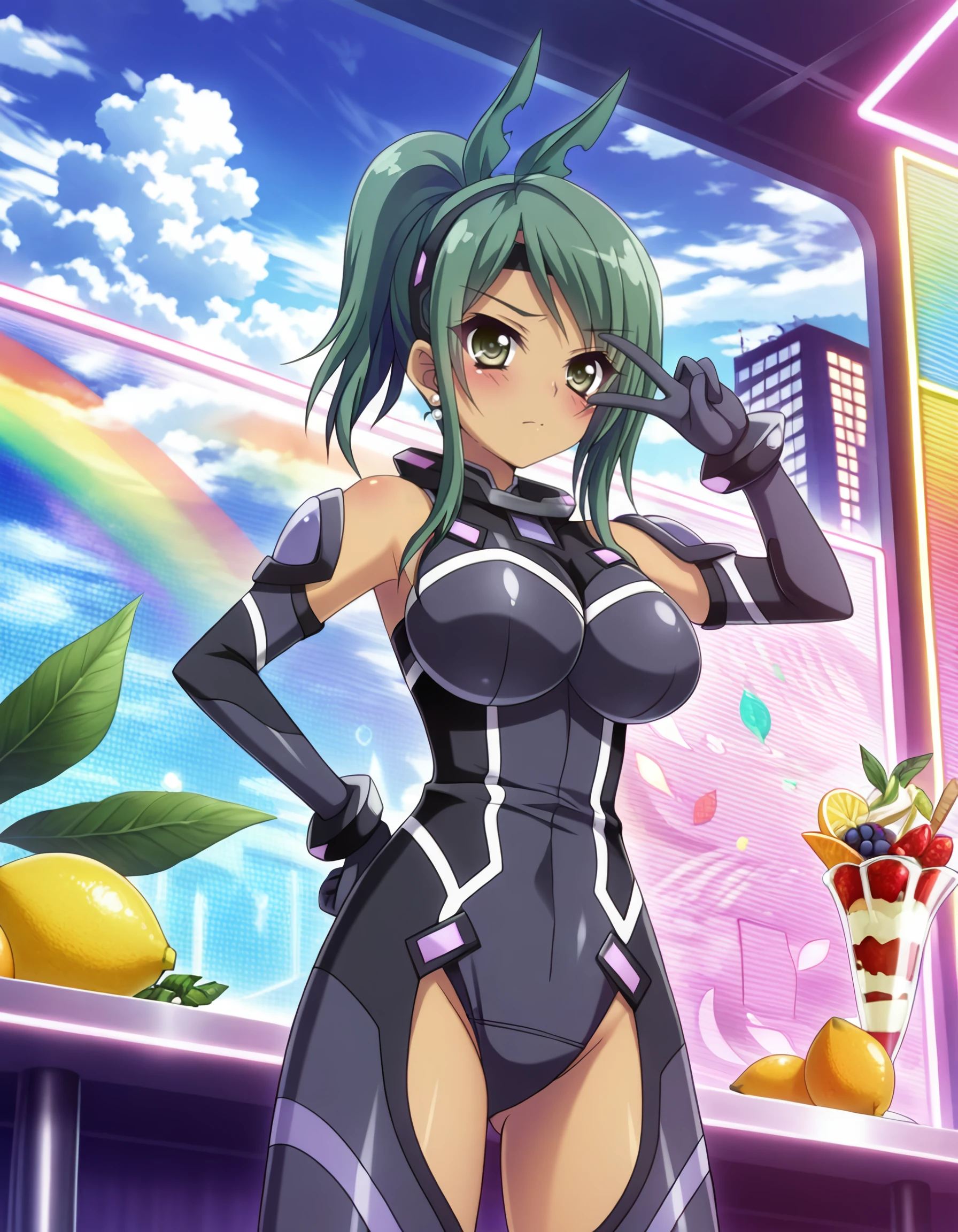 <lora:hundred_-_liddy_steinberg_il:1> rating:safe, hundred_-_liddy_steinberg, green_hair, ponytail, green_eyes, dark-skinned_female, sidelocks, large_breasts, bodysuit, neon_palette, neon_lights, colorful, neon_trim, (izumi_tsubasu:1.0), 1girl, bare_shoulders, berry, blush, cloud, earrings, food, fruit, hand_on_own_hip, headband, horse_ears, jewelry, kiwi_\(fruit\), leaf, lemon, orange_\(fruit\), parfait, pearl_earrings, rainbow, strapless, v, v_over_eye, masterpiece, detailed, best_quality