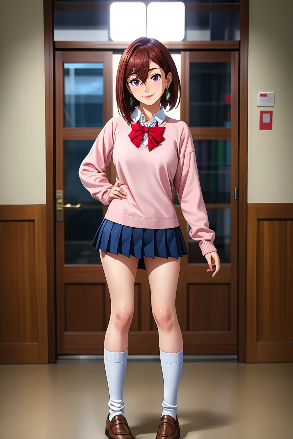masterpiece,8k high quality detailed,highres,rim light,full body,
<lora:Momo Ayase v2:0.7>,momo ayase,1girl,brown hair,short hair,hair between eyes,red eyes,earrings,medium breasts,collared shirt,pink sweater,long sleeves,red bowtie,blue miniskirt,miniskirt,loose socks,white socks,loafers,detailed,(seductive_smile),
<lora:GoodHands-vanilla:1>,<lora:more_details:0.45>,realistic cloth texture,