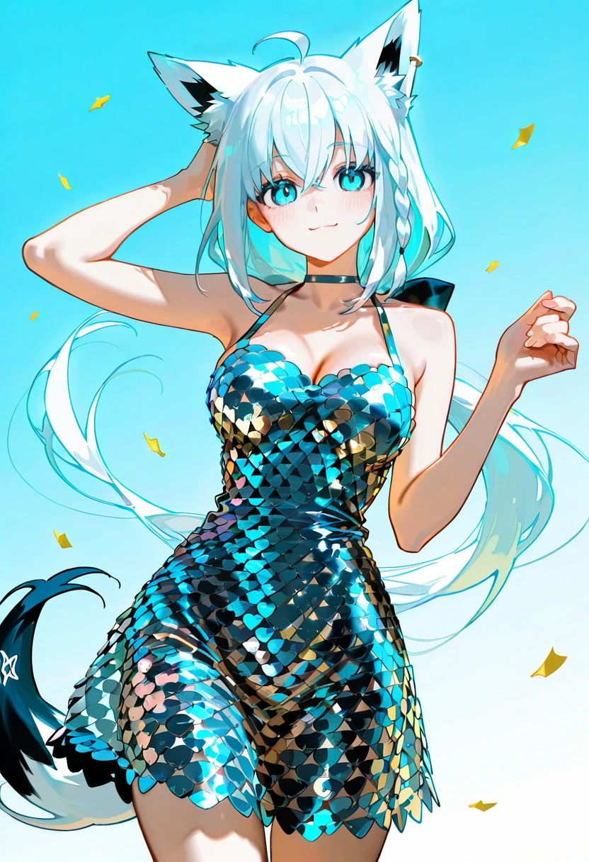 1girl,solo,looking at viewer, echo (circa), shirakami_fubuki, ah dress, heart,confetti,