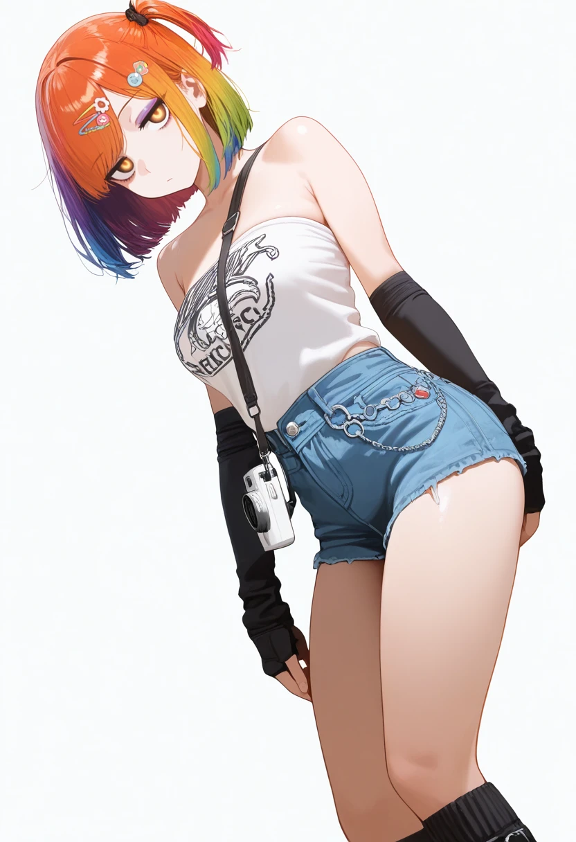 masterpiece,best quality,amazing quality, sharp details,
1girl, 
outfit 1, tube top, denim shorts, hip chain, shoulder bag, polaroid camera,  arm warmers,
breasts,  
jitome,  brown eyes, glowing eyes,eyeshadow, ,
rainbow hair, bob cut,  swept bangs, one side up ,    , 
 hairclip, loose socks,black socks,  boots, 
standing,  dynamic pose,
simple background, white background,
masterpiece, best quality, amazing quality, very aesthetic, absurdres, newest, scenery
 <lora:995sk outfit IL V6:0.8>