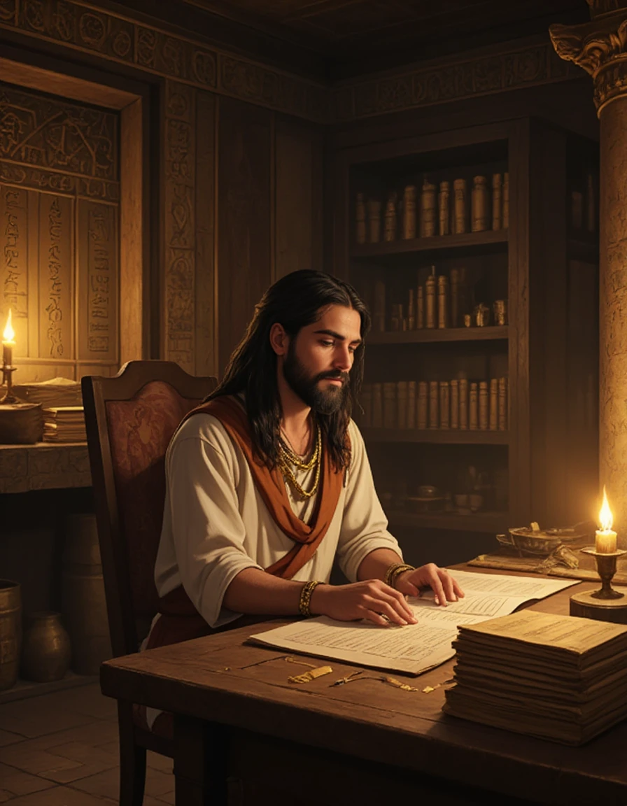 An Egyptian scholar seated in a dimly lit library, deciphering ancient scrolls surrounded by stacks of papyrus and intricate golden artifacts. The background features shelves filled with detailed carvings and glowing runes. Perspective: angled side view, highlighting the scholarâs focused expression and the intricate environment., anime