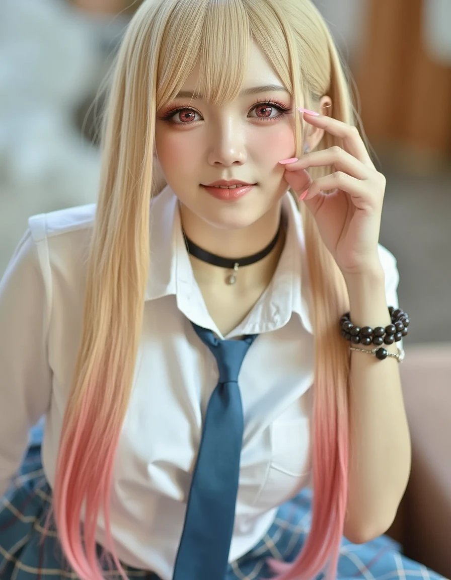 Ultrarealistic Photography, Mar1n_K1tagawa , cosplay, long hair, blonde hair, red eyes, piercing, earrings, ear piercing, stud earrings, black choker, loose necktie, school uniform, white collared shirt, pleated skirt, plaid skirt, bead bracelet, wrist scrunchie, long fingernails, <lora:marin-kitagawa:1>