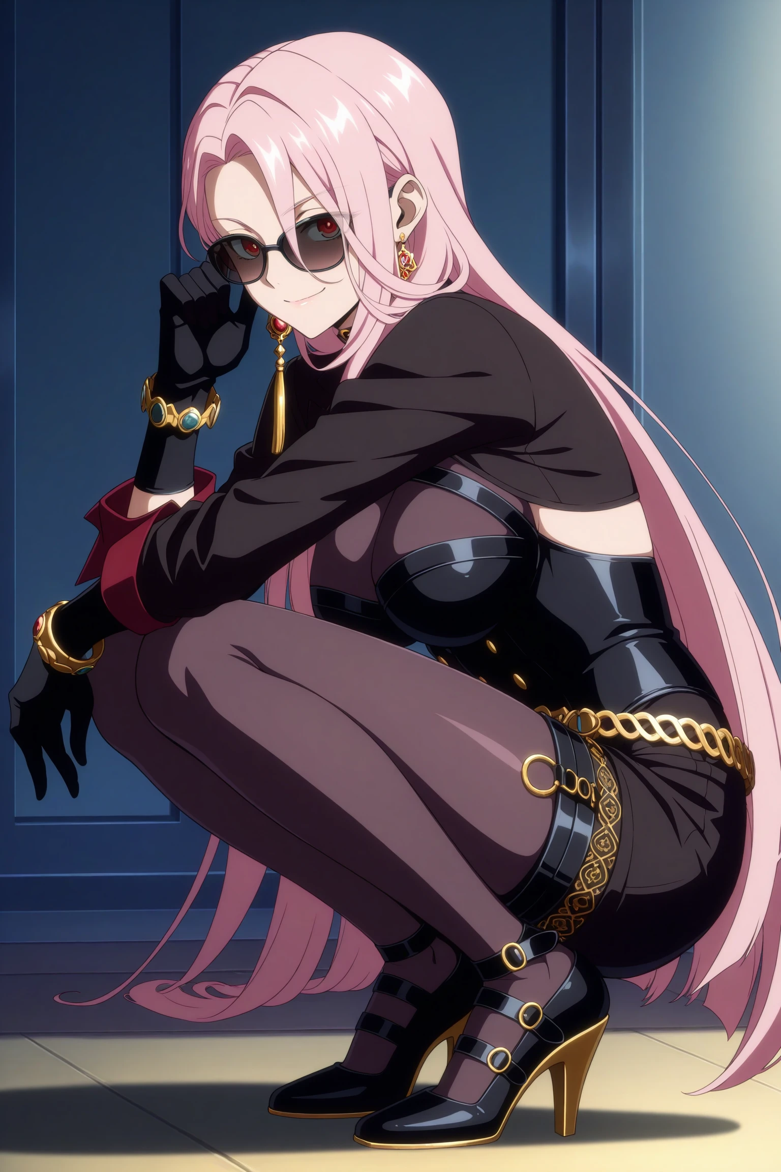 masterpiece, best quality, amazing quality, highres, absurdres, very aesthetic, high resolution, ultra detailed, perfect details, 1girl, solo, indoors, dnfduelspectre, very long hair, pink hair, curtained bangs, red eyes, single earring, sunglasses, jewelry, black collar, chest belt, o-ring, long sleeves, crop jacket, corset, bodystocking, black gloves, bracelet, chain belt, black shorts, short shorts, black footwear, strappy heels, <lora:Spectre_ILXL:0.8>, (aged up:1.2), (full body), (anime coloring:1.5), (anime screencap:1.5), smile, pose, (from side:1.5), squatting, looking at viewer