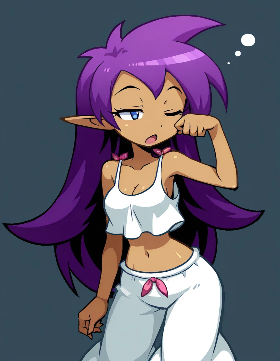 <lora:ShantaeIllustrious1.0JLFO:1>  , 1girl, shantae, long hair, solo, purple hair, pointy ears, blue eyes, breasts, dark skin, hair down, midriff, cleavage, crop top, one eye closed, transparent background, sleepy, medium breasts, open mouth, rubbing eyes, pajamas, waking up, yawning