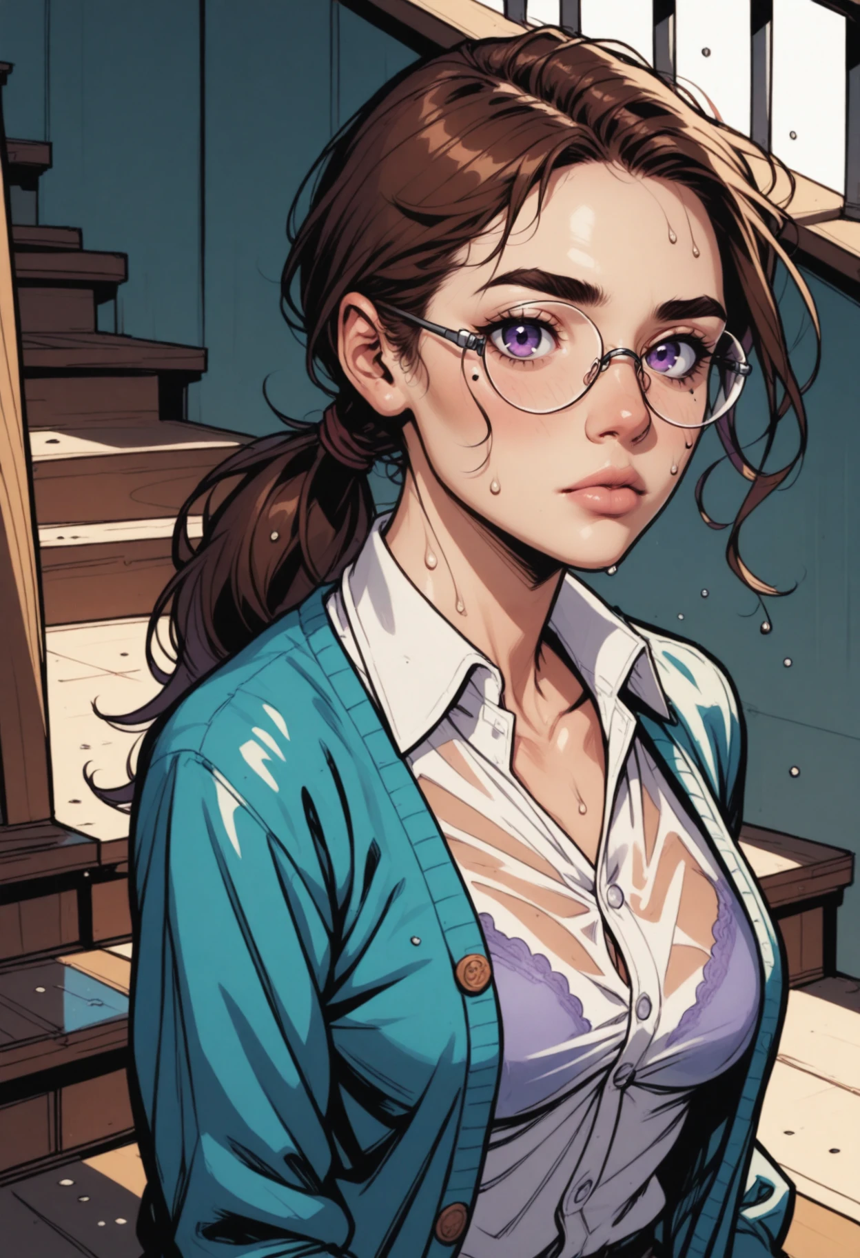 1girl, shirt, solo, round eyewear, glasses, thick eyebrows, looking at viewer, purple eyes, white shirt, wet, cardigan, upper body, collared shirt, brown hair, breasts, mole, wet clothes, stairs, blue cardigan, wet shirt, buttons, sweat, ponytail, open clothes, parted lips, long hair, rimless eyewear, bra visible through clothes, low ponytail, open cardigan, medium breasts, mole under eye, forehead, wet hair, open collar, dress shirt, closed mouth, jacket, wing collar, long sleeves, eyelashes, parted bangs, nose, collarbone, black hai 
 <lora:commixv3-i:1> commix