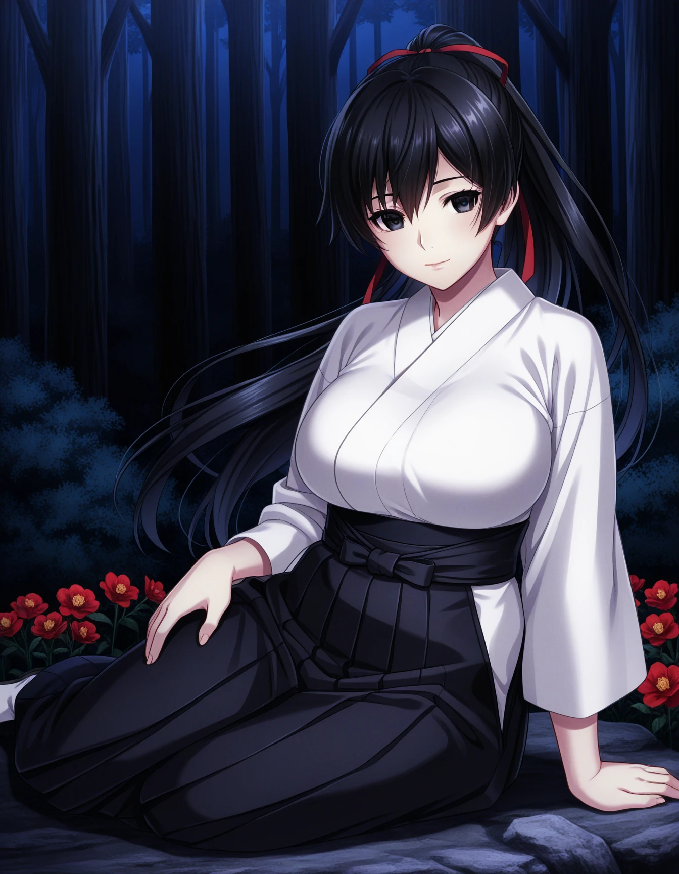 1girl, solo, ajiki tooko, black hair, long hair, high ponytail, hair ribbon, black eyes, light smile, large breasts, white kimono, kosode, hakama skirt, black hakama, yokozuwari, arm support, forest, red flower, camelia, night, dark theme, low light <lora:ajiki_tooko_ilxl_v1:0.6>