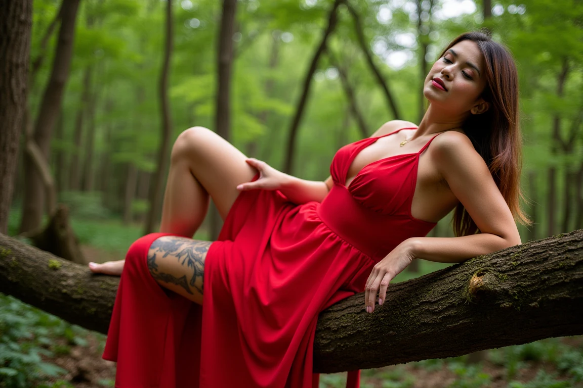 leaning back, The image shows a woman lying on her side on a tree branch in a forest in a half bent sit. She is leaning on her right arm. She is wearing a long red dress that is flowing in the wind. She has a tattoo on her left leg and is looking to the side with a peaceful expression with her face. The background is filled with trees and greenery creating a lush and natural atmosphere. The lighting is soft and natural highlighting the woman's features and the vibrant color of the dress. The overall mood of the image is serene and peaceful. Two-third face view. Three-quarter angle shot. Full-body portrait. Low camera angle.  <lora:LyingOnSide_rank4_fp16-step00600:1>