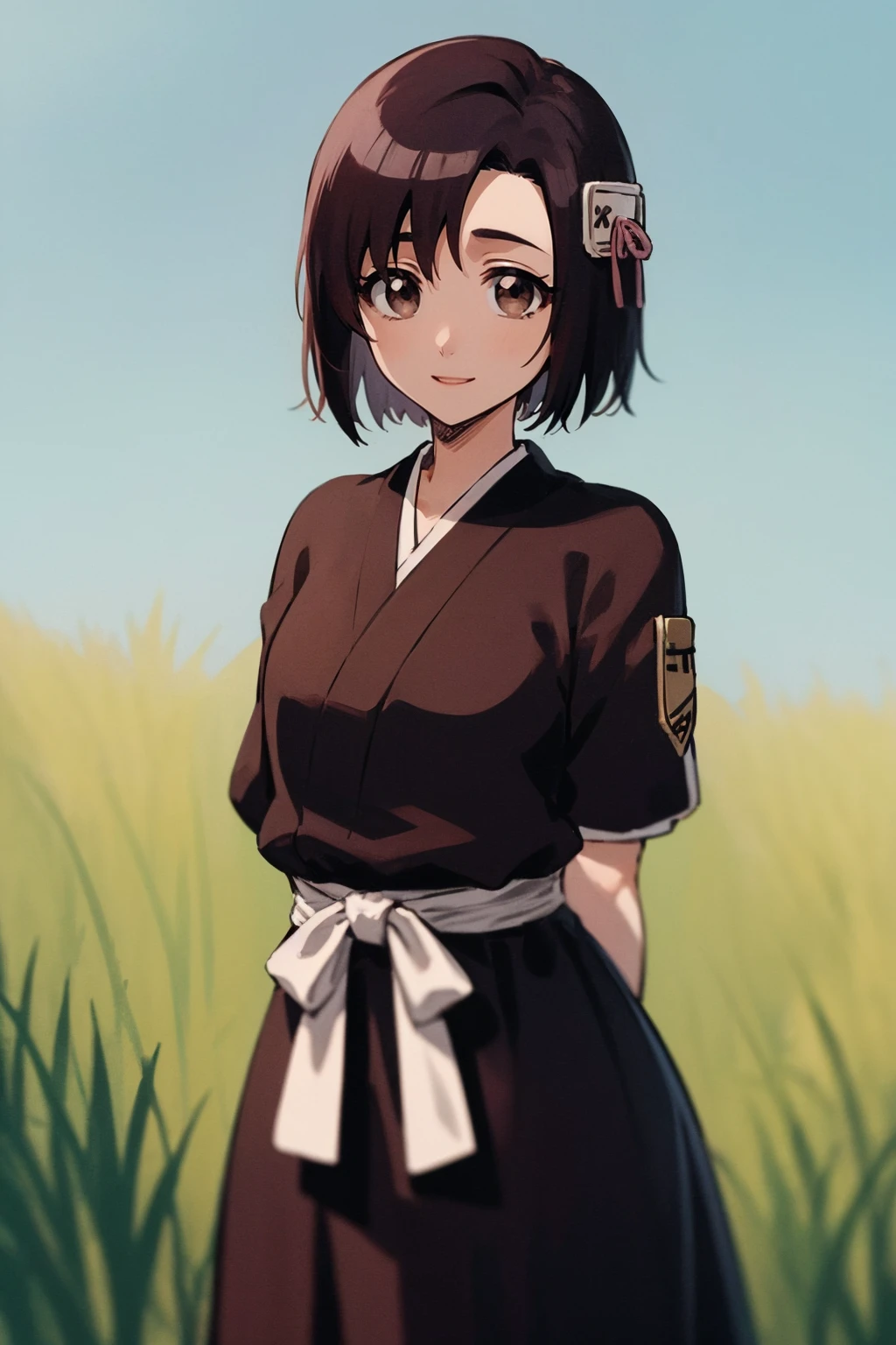 masterpiece, best quality,
1girl, hinamoritybw, black hair, short hair, brown eyes,
hair ornament, hair ribbon,
japanese clothes, black kimono, arms behind back,
solo, smile, looking at viewer, blue sky, grass, meadow background, <lora:MomoHinamori_byKonan:1>