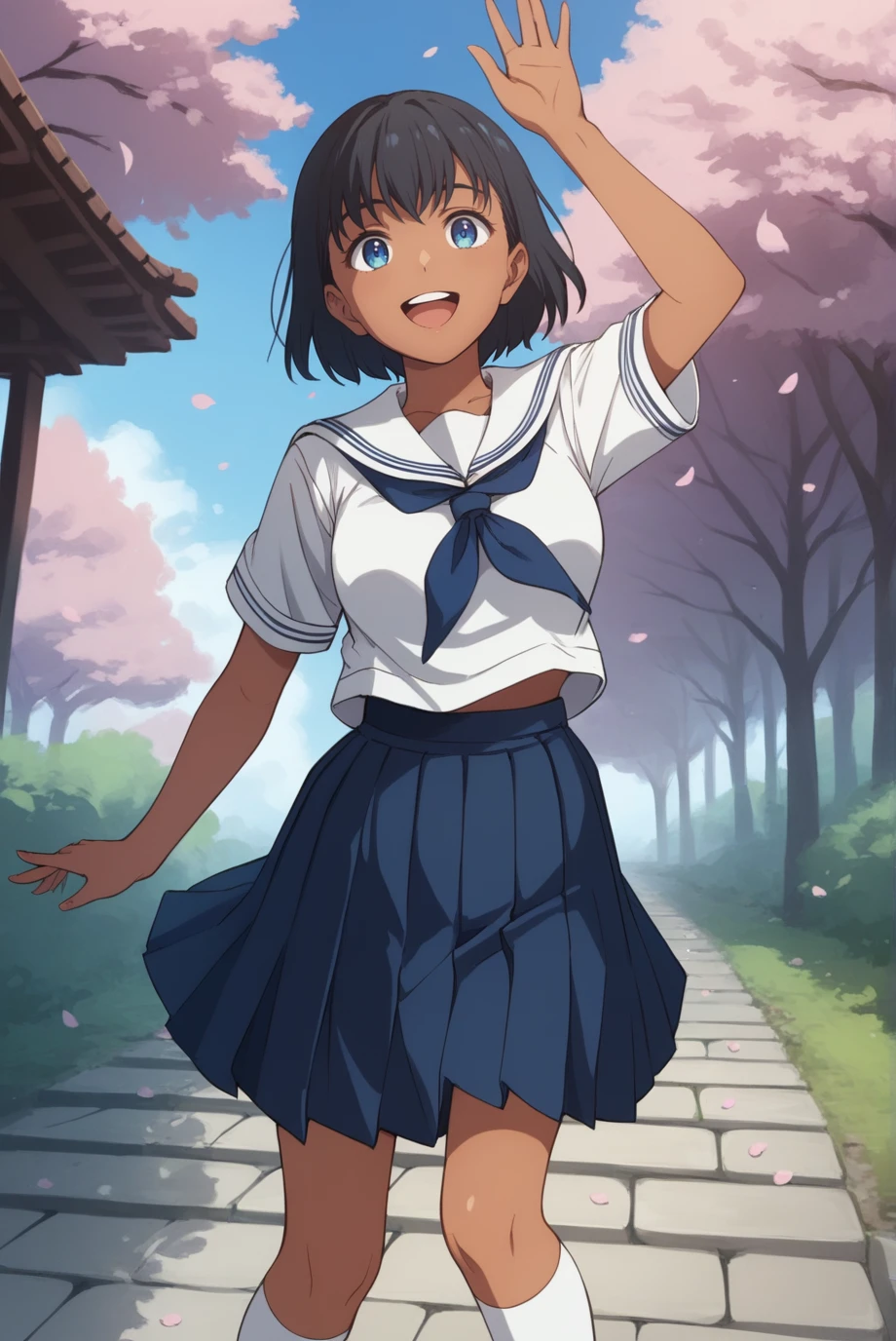 score_9, score_8_up, score_7_up, score_6_up, score_5_up, score_4_up, BREAK source_anime, 1girl, solo,
<lora:SummertimeMio-Pony-v1-07:0.7>, ChopioMio, black hair, short hair, blue eyes, looking at viewer,
dark skin, medium breasts,
outfit_1, serafuku, white sailor collar, white shirt, short sleeves, blue neckerchief, blue skirt, pleated skirt, long skirt, kneehighs, white socks,
outdoors, stone path, cherry blossoms, falling petals, blue sky,
standing, smile, open mouth, upper teeth only, waving, arm up,