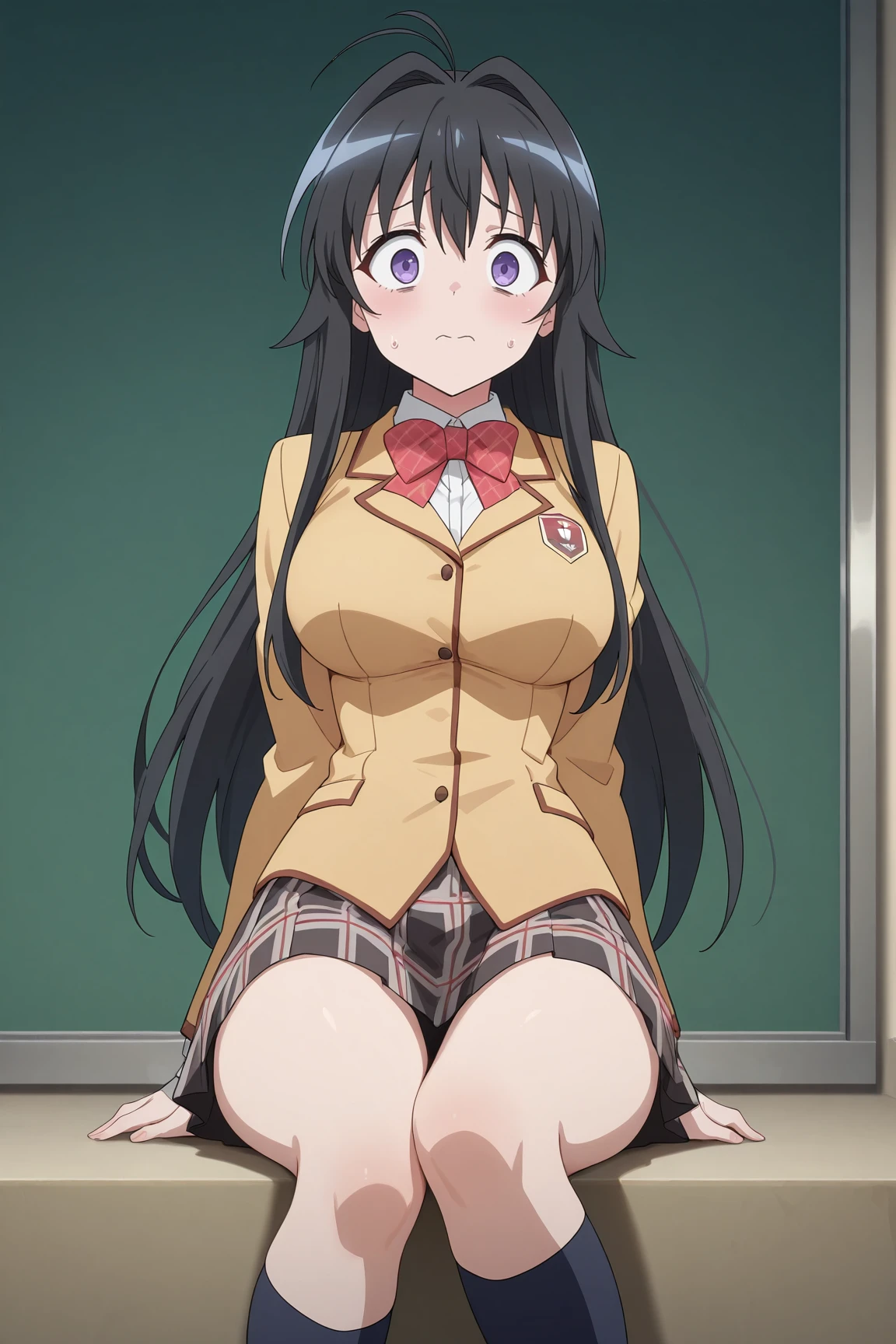 masterpiece, best quality, absurdres, highres, source anime, very aesthetic, BREAK, anime coloring, anime screencap,
<lora:minamoto_chizuru_v1-illustrious:1>,1girl, minamoto chizuru, kanokon, purple eyes, black hair, long hair, large breasts,
school uniform, long sleeves, bow, plaid skirt, kneehighs,
BREAK, looking at viewer,
BREAK, bras d'honneur, scared