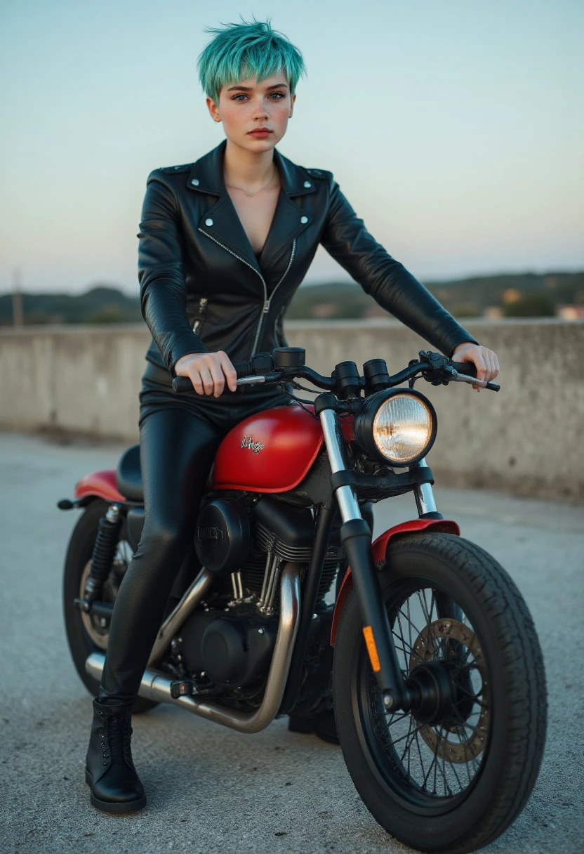 FictionalVicky short teal pixie cut hairstyle, slender frame, pale white skin, blue eyes. Riding a red motorcycle, leather biker clothes, black boots