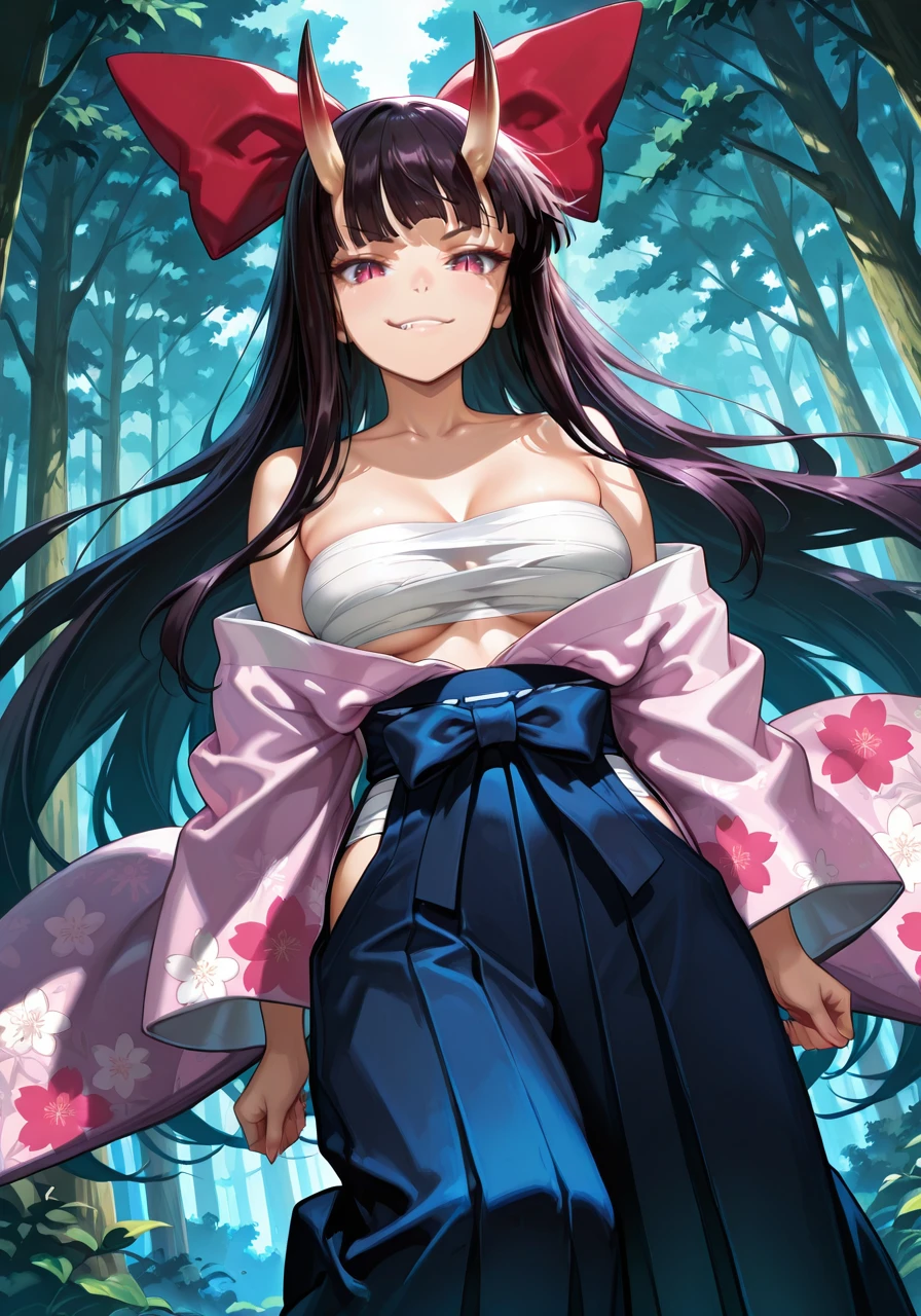 amazing quality,very aesthetic,illustration,absurdres,best quality,newest,masterpiece,4k resolution,
day,forest,
Nene Saikyo Demon,1girl,long hair,solo,horns,sarashi,bow,hakama,slit pupils,hair bow,japanese clothes,hakama skirt,skirt,very long hair,floral print,oni horns,floating hair,breasts,oni,collarbone,
smile,smirk,
cinematic_angle,looking_at_viewer,
<lora:Characters_Rakudai_Kishi_no_Eiyuutan:1>,