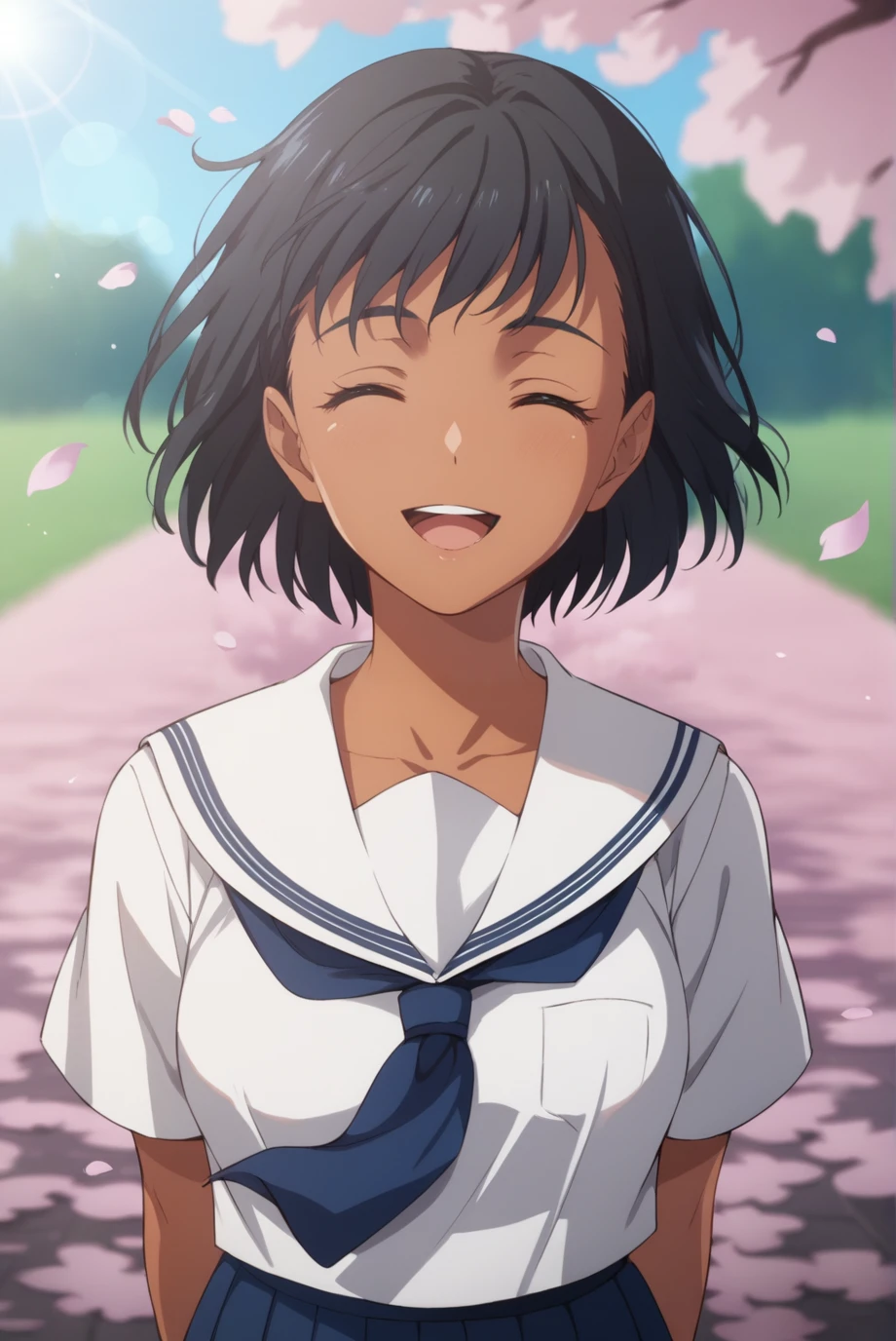 score_9, score_8_up, score_7_up, score_6_up, score_5_up, score_4_up, BREAK source_anime, 1girl, solo,
<lora:SummertimeMio-Pony-v1-07:0.7>, ChopioMio, black hair, short hair, looking at viewer,
dark skin, medium breasts,
outfit_1, serafuku, white sailor collar, white shirt, short sleeves, blue neckerchief, blue skirt, pleated skirt,
school, outdoors, cherry blossoms, sunny, light rays, lens flare, depth of field, bokeh,
standing, smile, open mouth, closed eyes, floating hair, petals, wind, upper body, arms behind back,