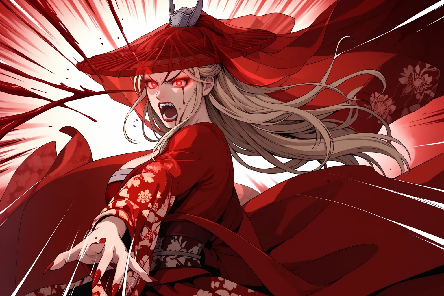 score_9, score_8_up, score_7_up, masterpiece, high quality, extreme detail, absurdres, (detailed skin texture) BREAK
<lora:Blue SpiritPonyLora:1>BluSpi, long hair, hair ornament, cleavage, kimono, nail polish, floral print, wide sleeves, veil, hat, glowing eyes, (blood, blood splash, blood on clothes, blood on body), angry, screaming, emphasis lines, claws, magic, floating, from side, attacking, fighting stance
