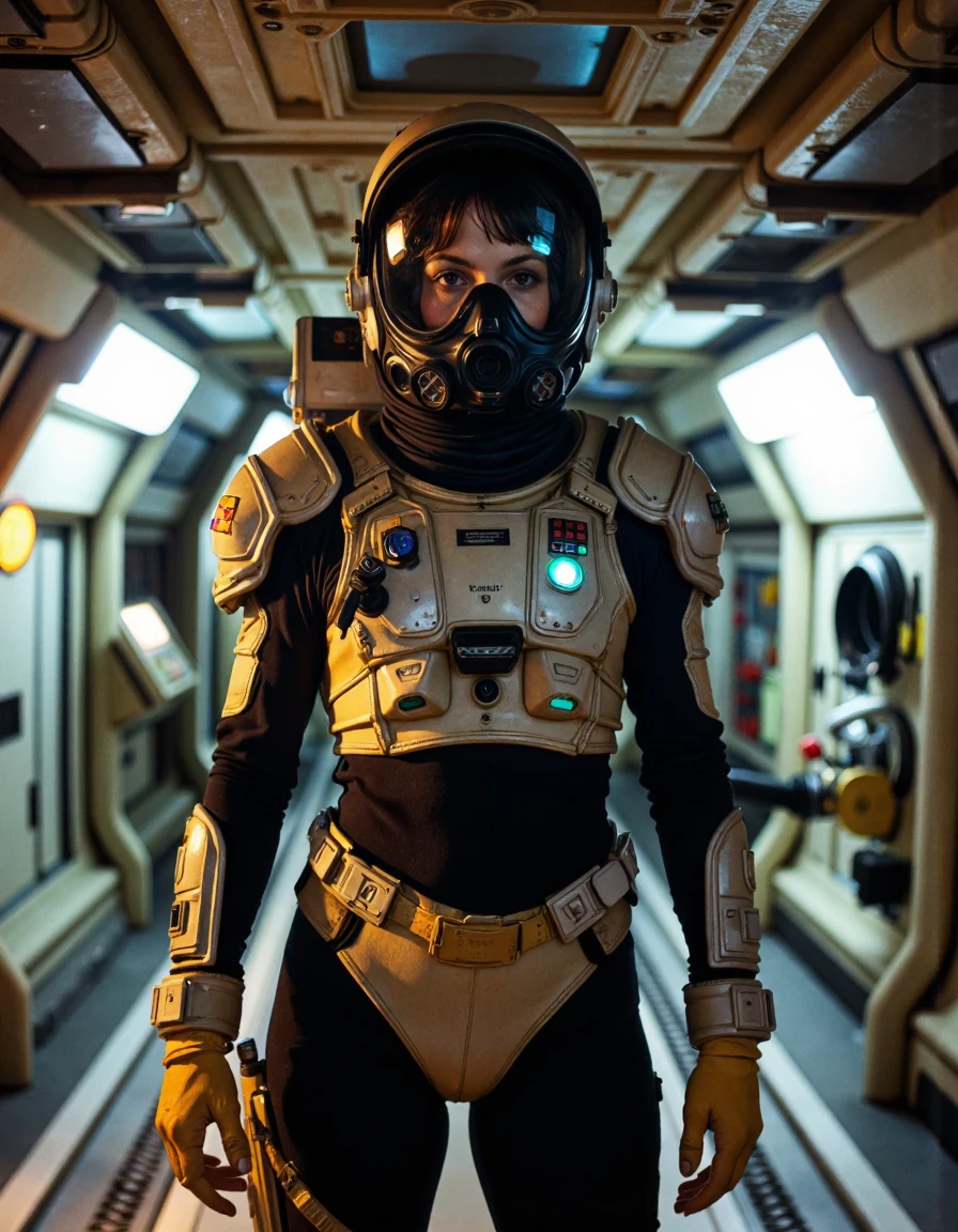 nostromo style woman wearing spacesuit with armor, space helmet with gas mask, in a spaceship hallway, overhead pipes, pipes along floor, ceiling decoration, control panels, buttons, switches, lights, science fiction, horror,
extremely detailed, sharp focus, sharp