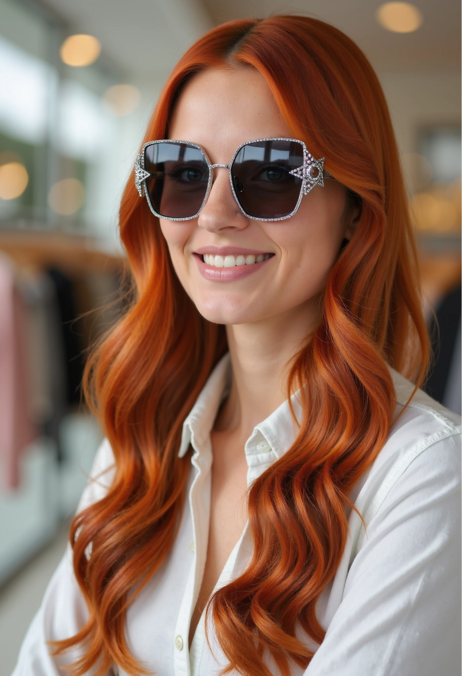 clo035, head shot of a mexican woman, wearing a Christian Dior sunglasses with a metal frame and black lenses. The sunglasses have a star-shaped design. white shirt, red long hair, looking in the camera, smiling, in a fashion store
