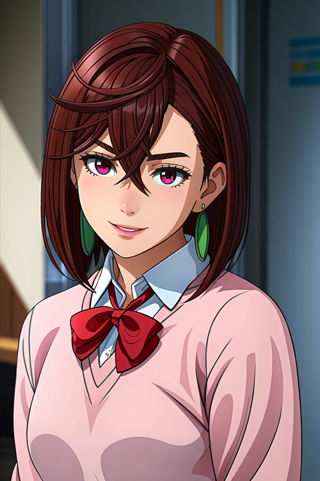 masterpiece,8k high quality detailed,highres,rim light,upper body,
<lora:Momo Ayase v2:0.7>,momo ayase,1girl,brown hair,short hair,hair between eyes,red eyes,earrings,medium breasts,collared shirt,pink sweater,long sleeves,red bowtie,blue miniskirt,miniskirt,loose socks,white socks,loafers,detailed face,smile,
<lora:GoodHands-vanilla:1>,<lora:more_details:0.45>,realistic cloth texture,