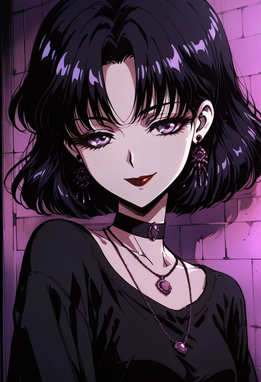 masterpiece, best quality, 1girl, solo, eyelashes, (beautiful eyes),   pink neon, goth,  1girl, solo, looking at viewer, smile, short hair, bangs, shirt, black hair, jewelry, closed mouth, purple eyes, earrings, choker, necklace, parted bangs, black shirt, black choker, lipstick, portrait, red lips, anime coloring, tomoe hotaru, looking at viewer, short hair, black hair, closed mouth, purple eyes, parted bangs, black shirt, black choker, red lips, anime coloring, tomoe hotaru  ,